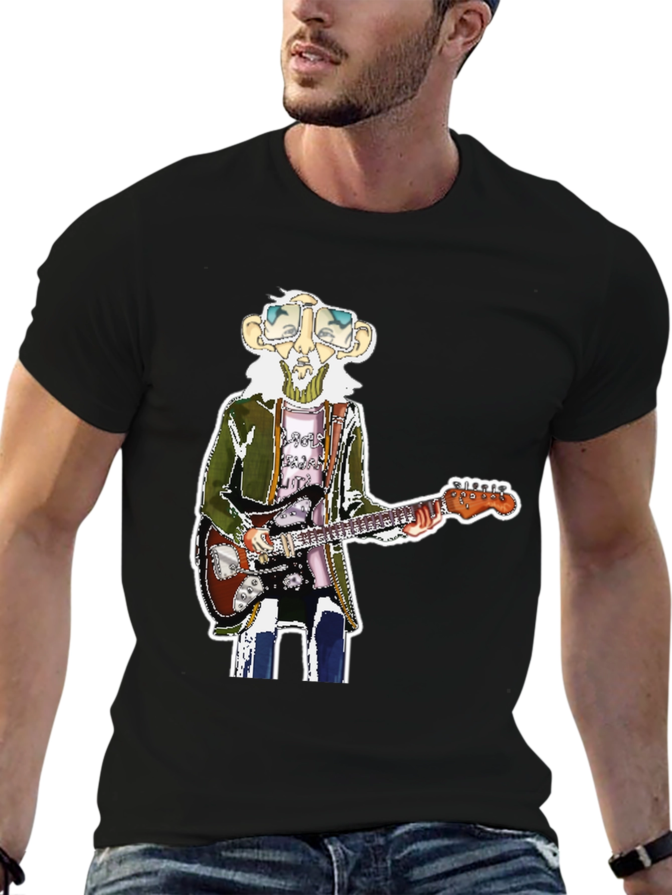 Black T-Shirt with Guitarist Graphic