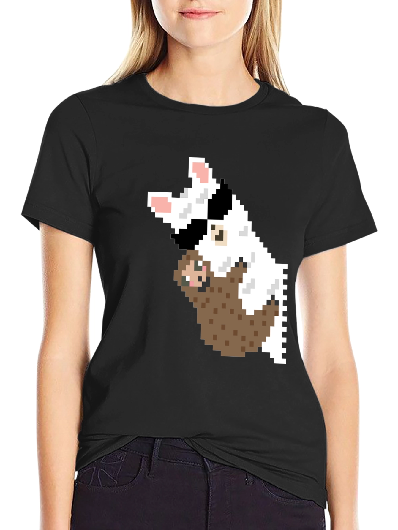 Pixel Art Sloth & Dog Graphic T-Shirt