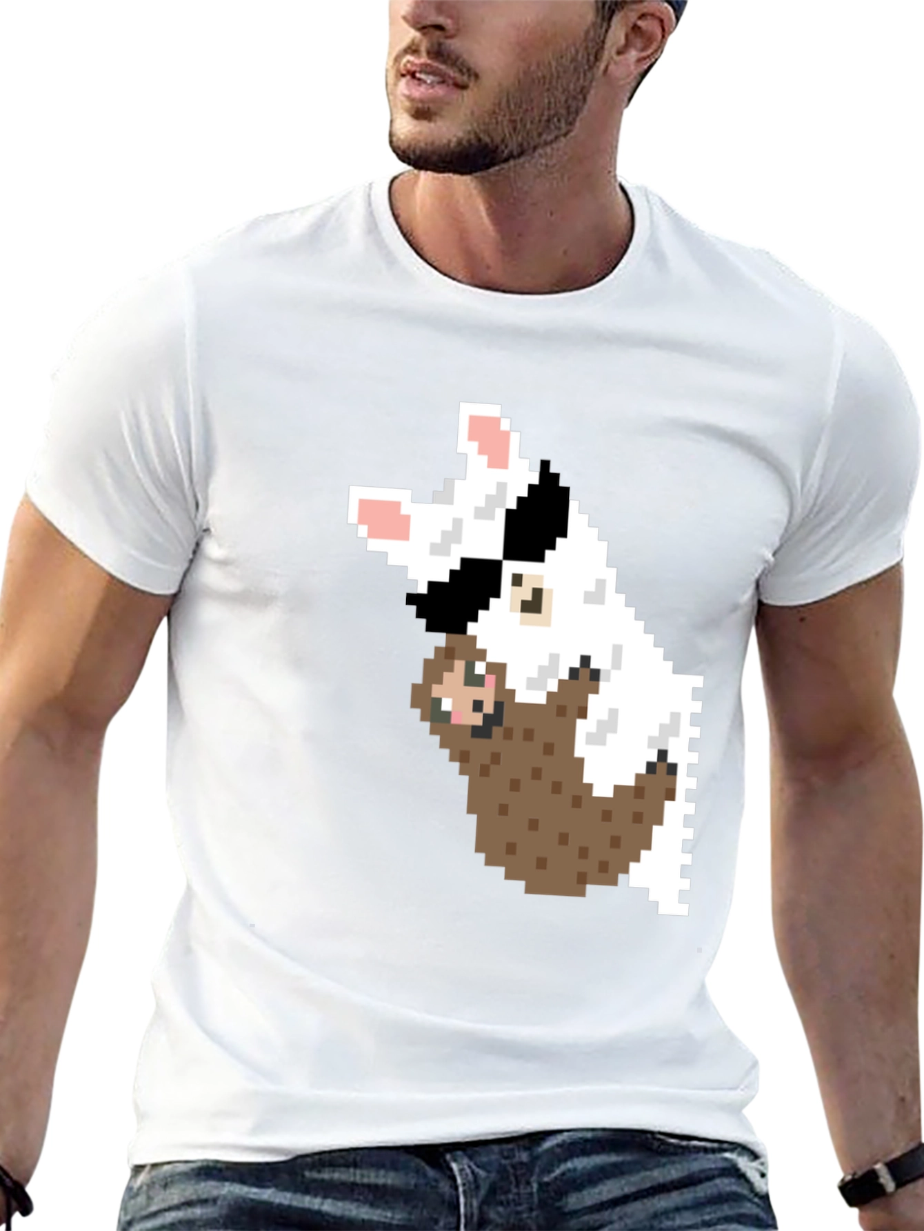 Pixel Art Sloth & Dog Graphic T-Shirt