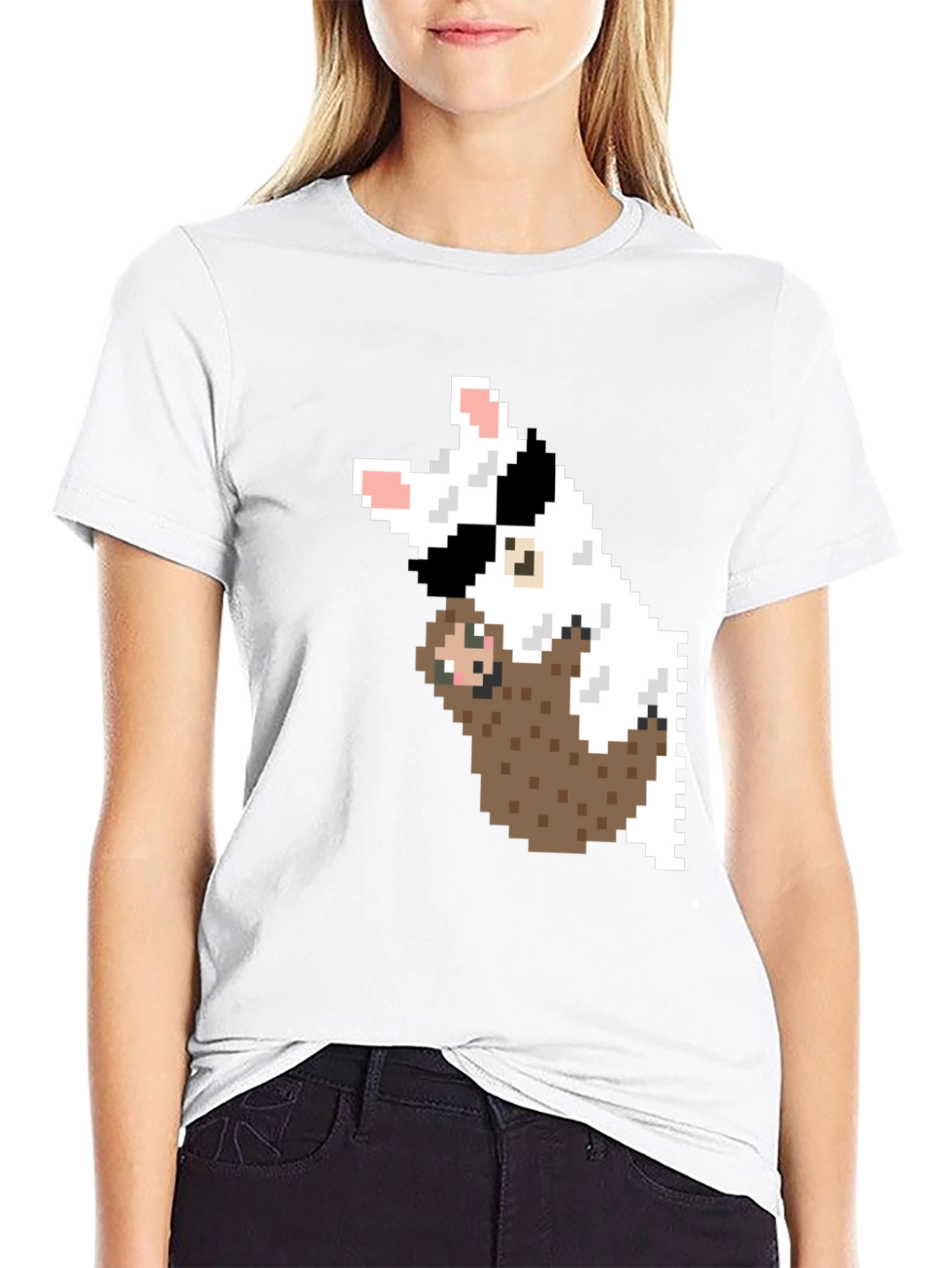 Pixel Art Sloth & Dog Graphic T-Shirt