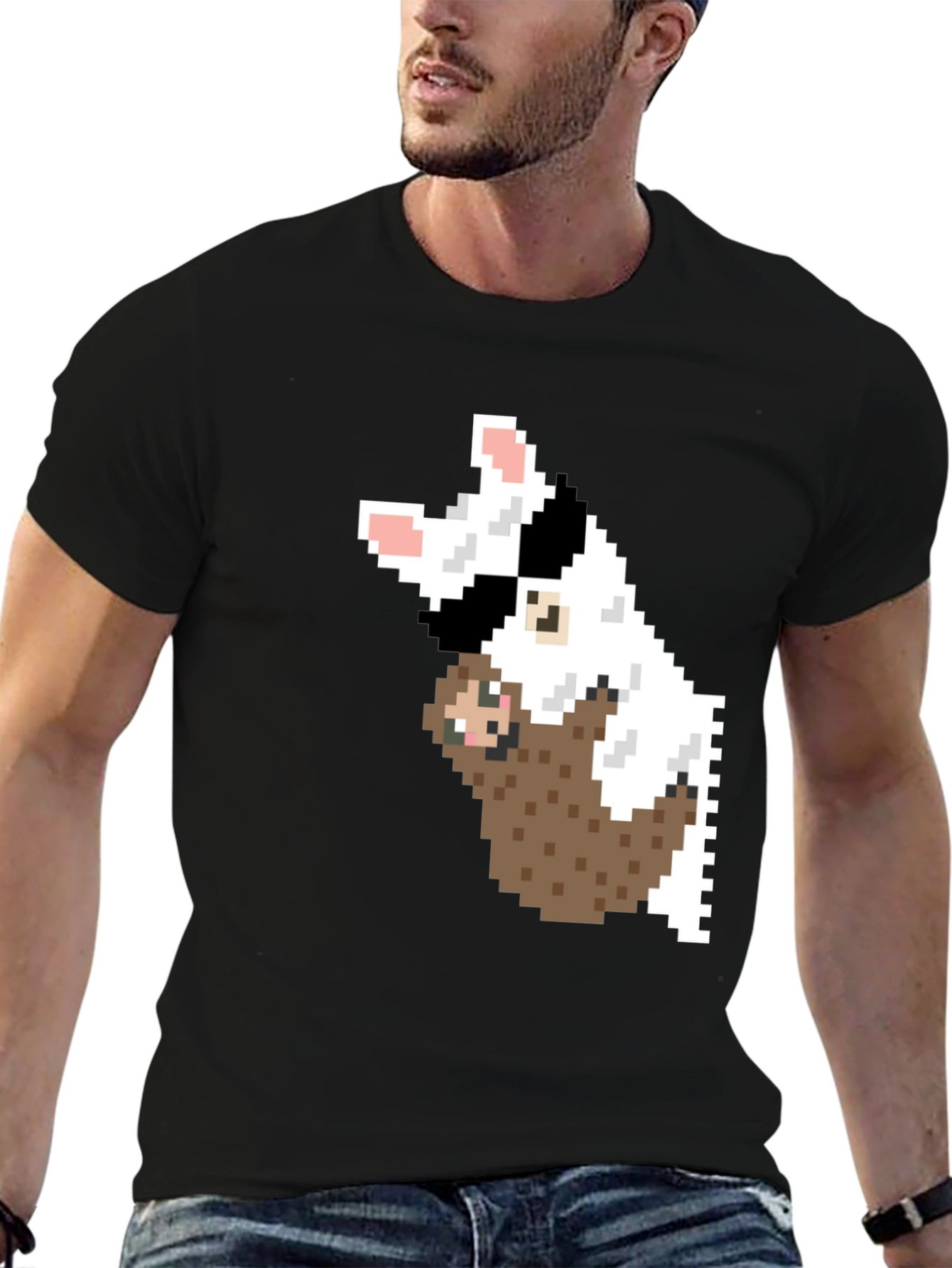 Pixel Art Sloth & Dog Graphic T-Shirt