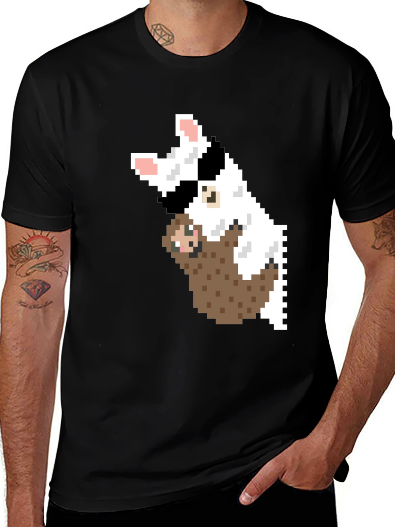 Pixel Art Sloth & Dog Graphic T-Shirt