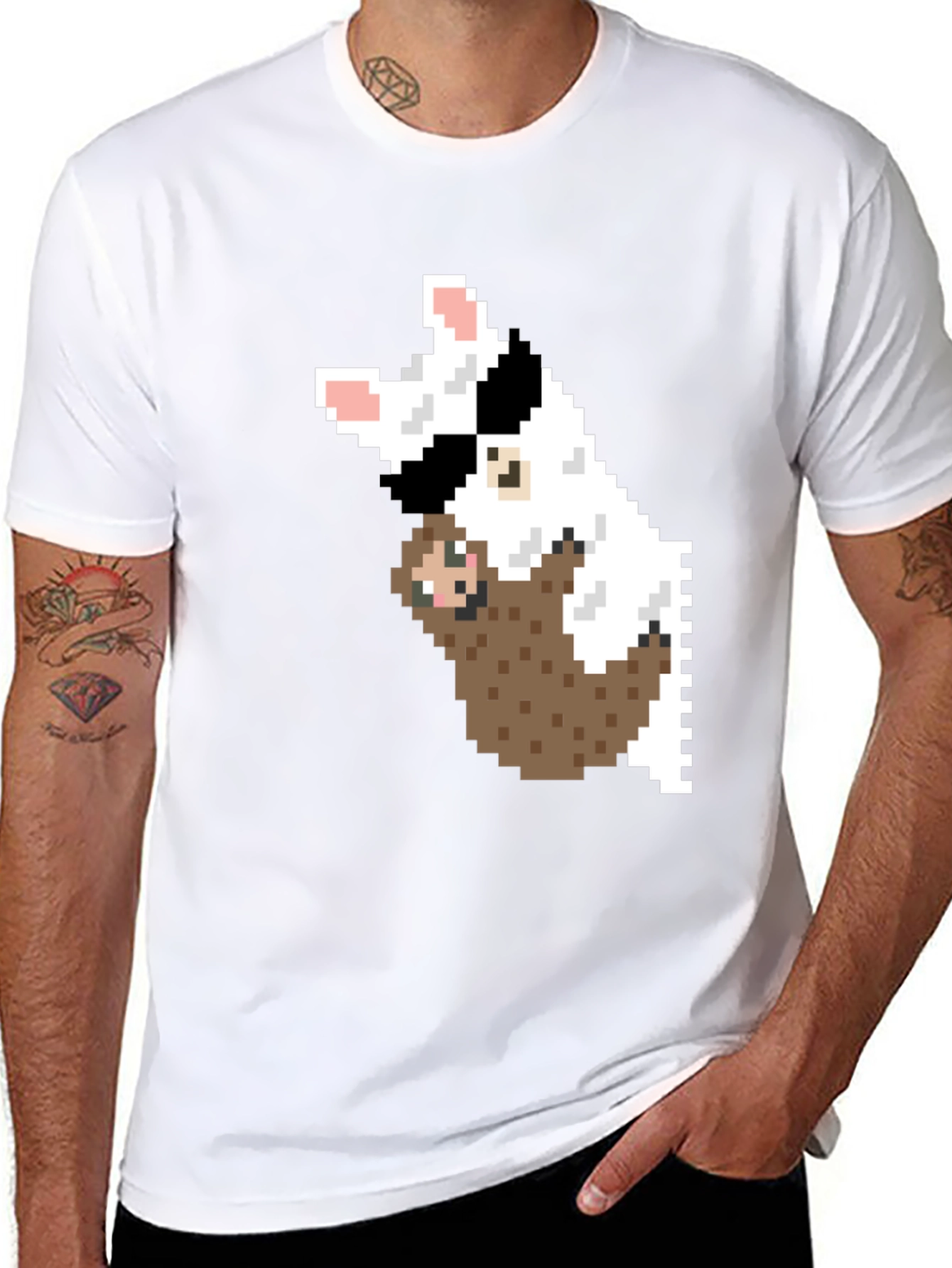 Pixel Art Sloth & Dog Graphic T-Shirt