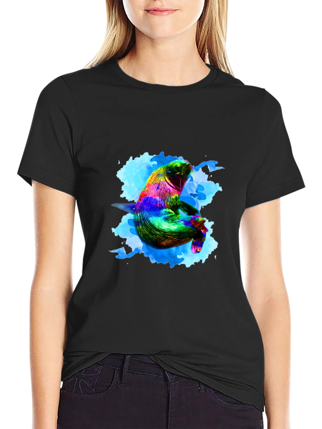 Rainbow Seal Graphic Tee - Black Cotton Comfort