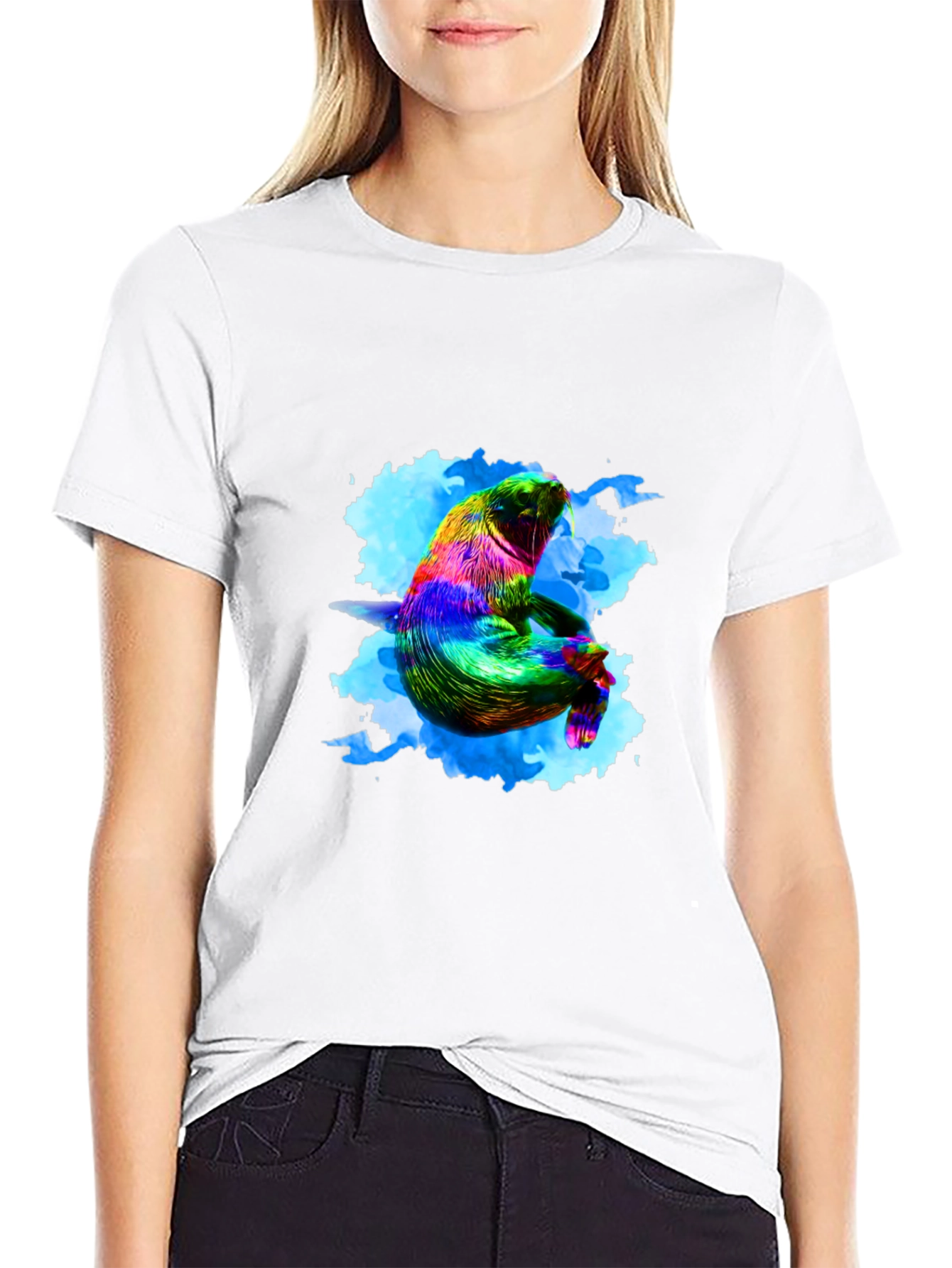 Rainbow Seal Graphic Tee - Black Cotton Comfort