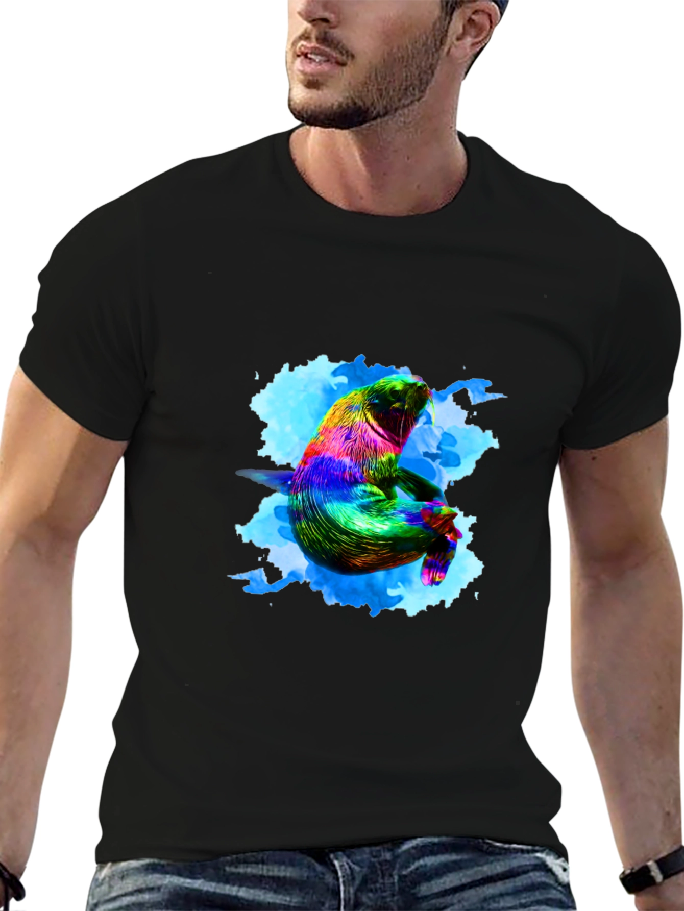 Rainbow Seal Graphic Tee - Black Cotton Comfort
