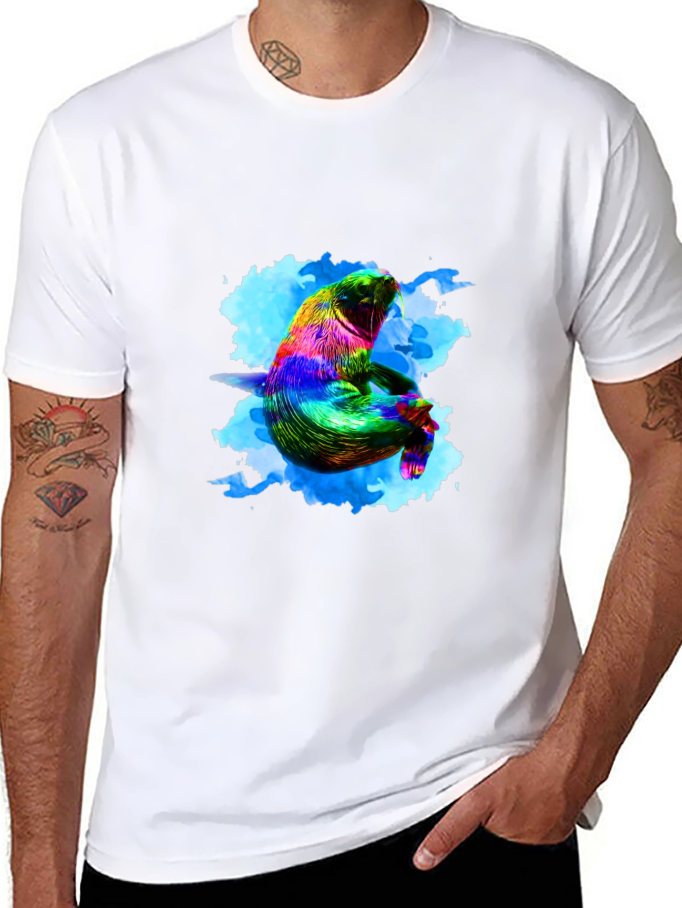 Rainbow Seal Graphic Tee - Black Cotton Comfort