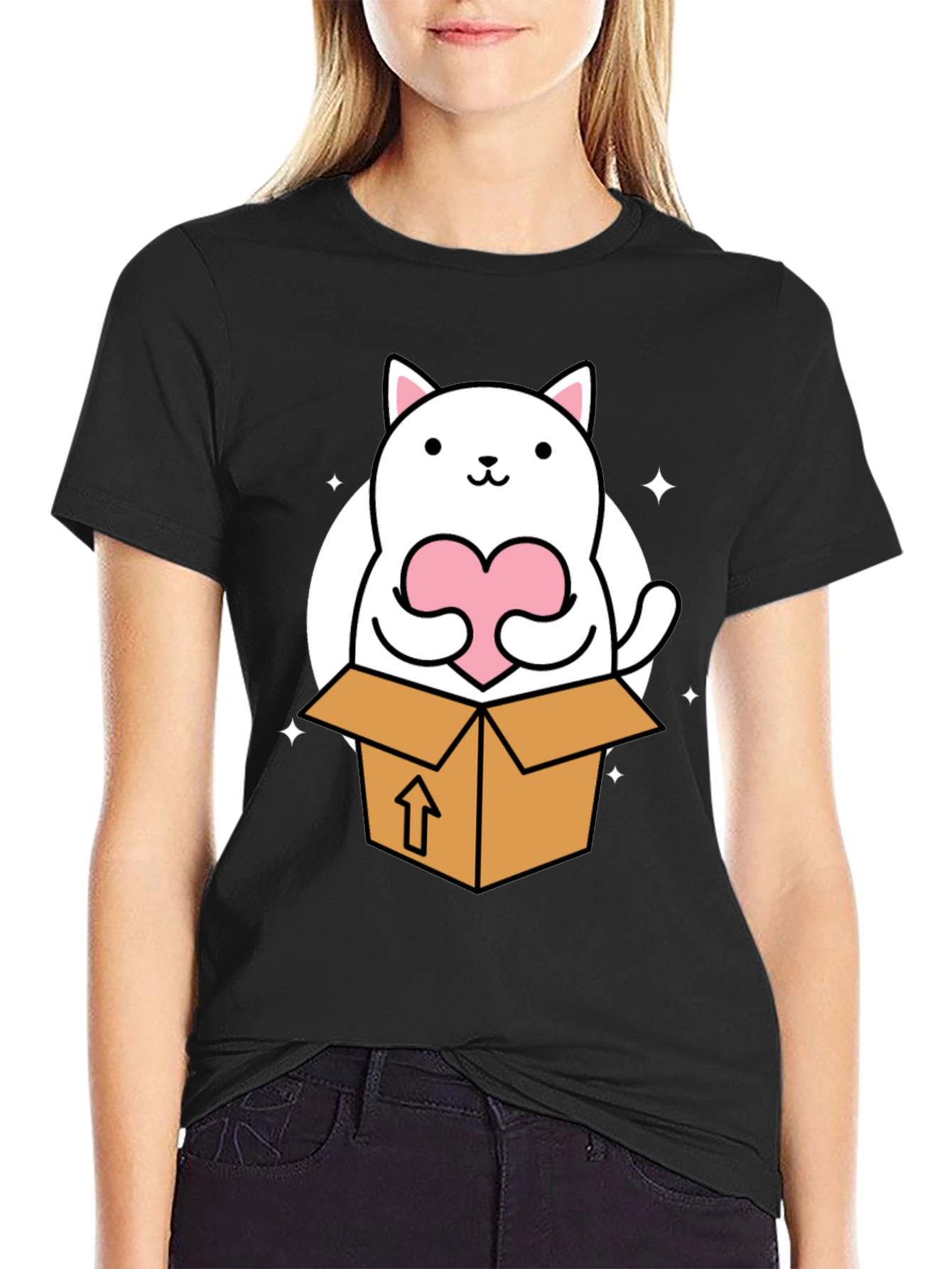 Cute Cat in Box Holding Heart T-Shirt