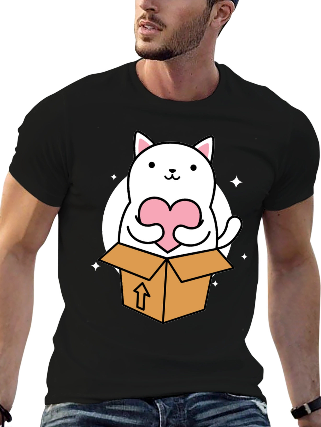 Cute Cat in Box Holding Heart T-Shirt