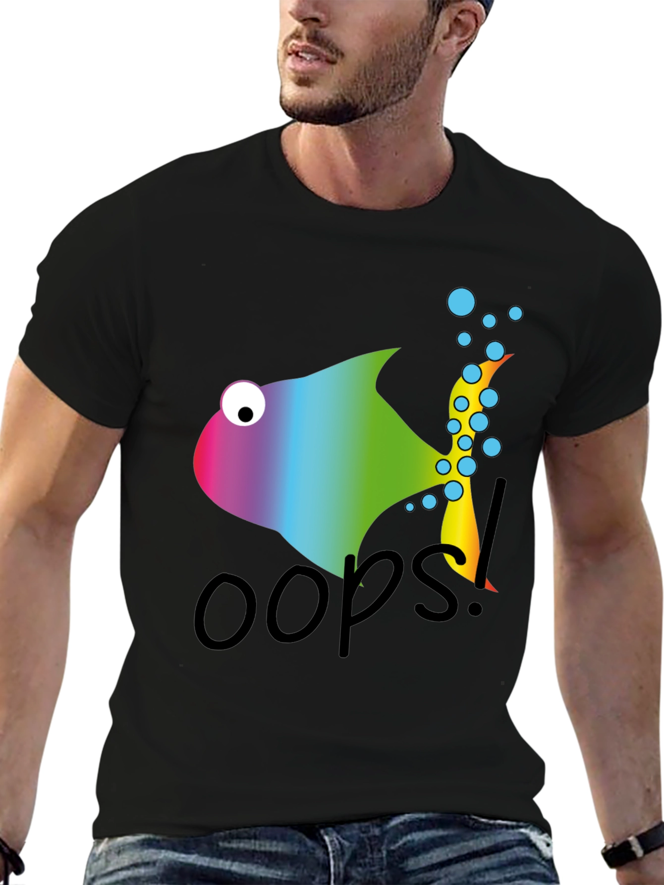 Oops! Rainbow Fish Graphic Tee - Soft Cotton Blend