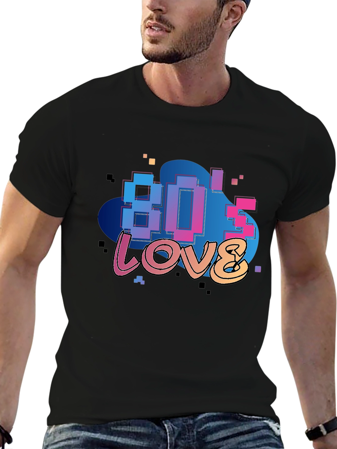 80s Love Retro Graphic Tee - Black Cotton Blend