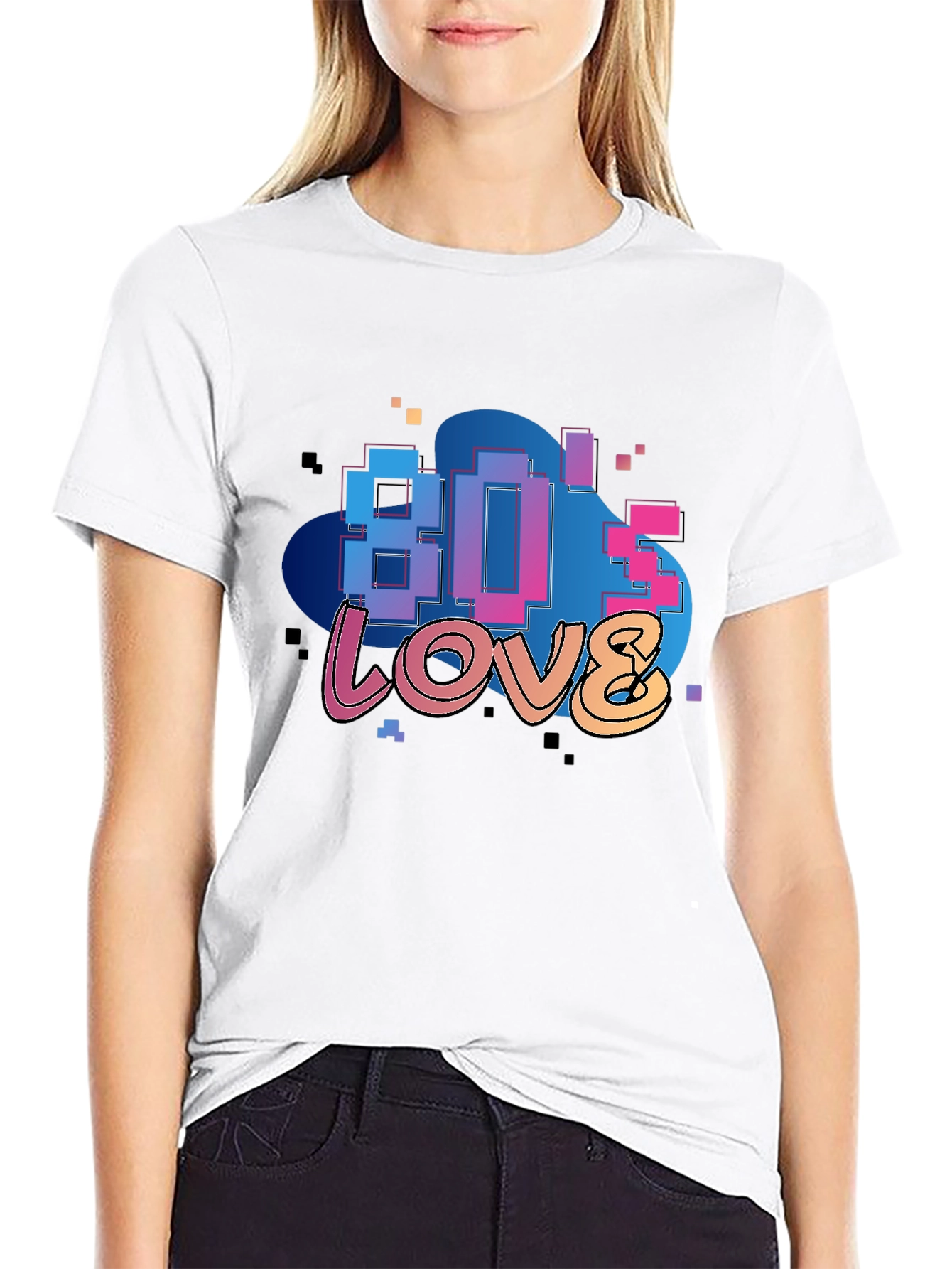 80s Love Retro Graphic Tee - Black Cotton Blend