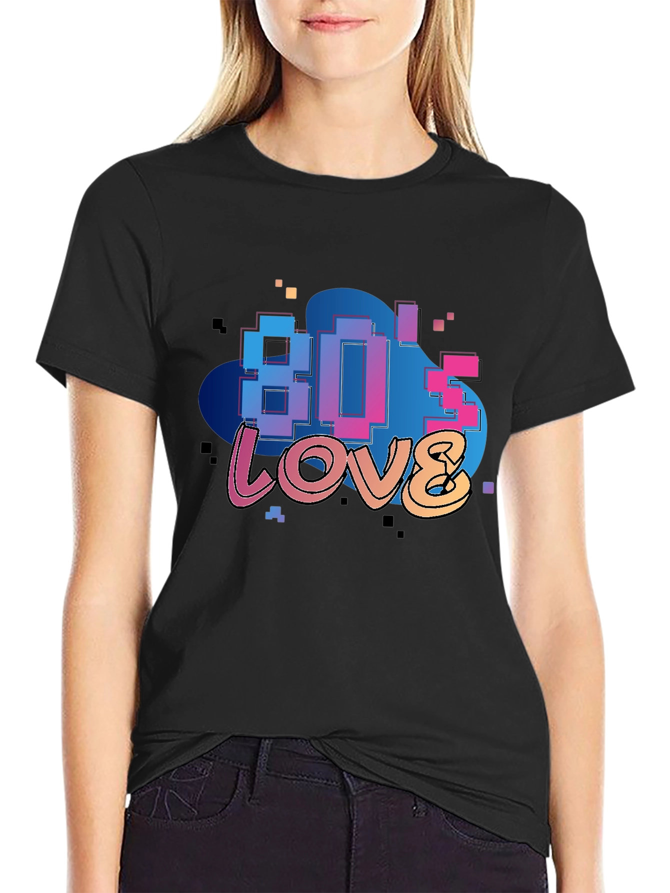 80s Love Retro Graphic Tee - Black Cotton Blend