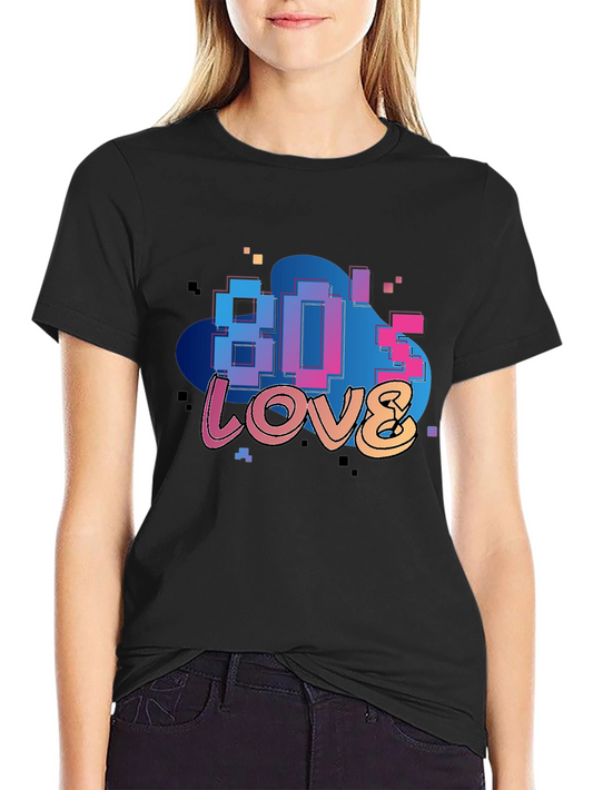 80s Love Retro Graphic Tee - Black Cotton Blend