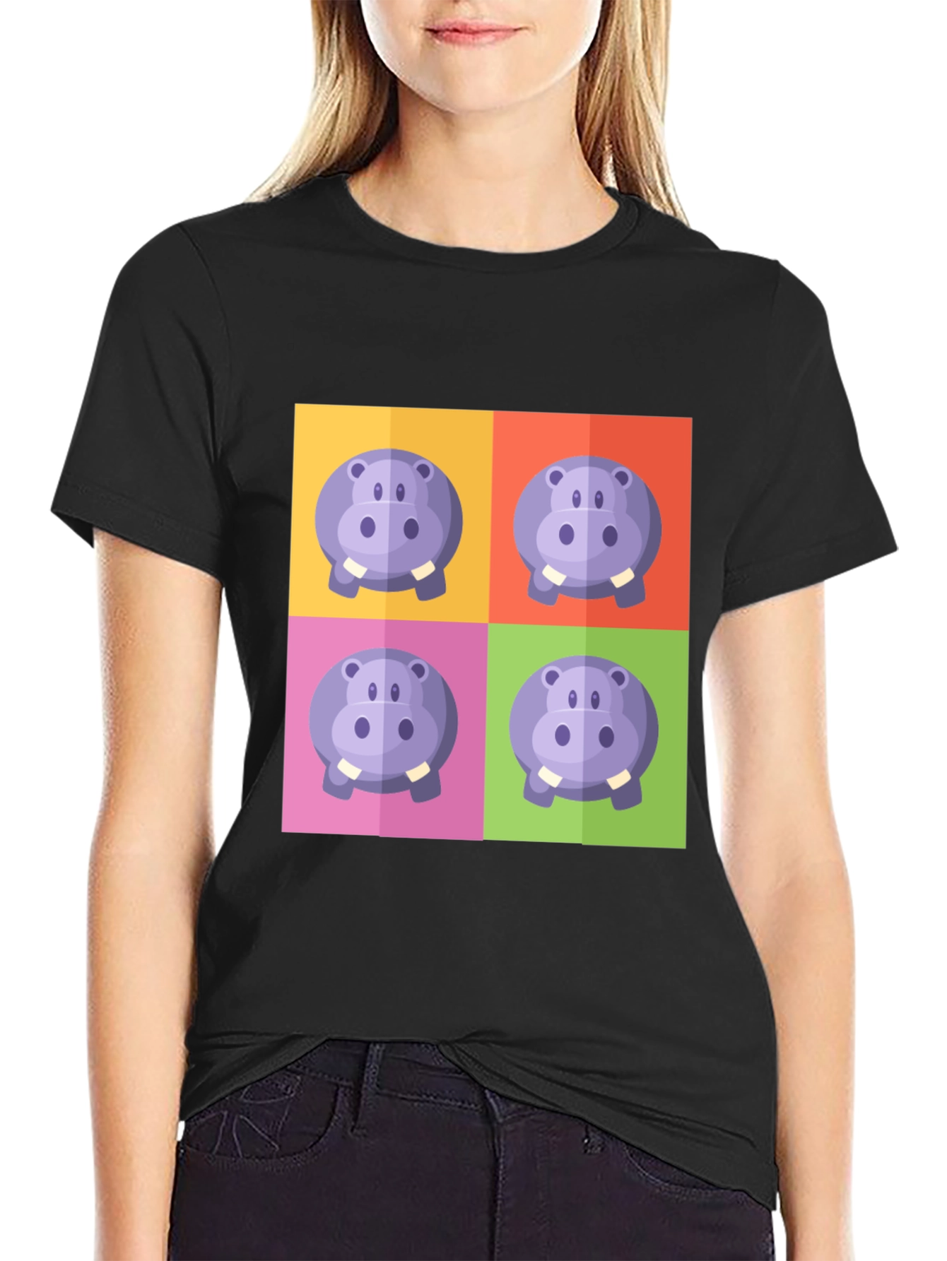 Hippo Pop Art Graphic Black T-Shirt