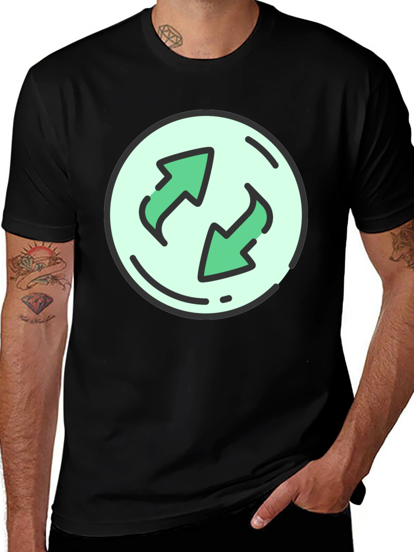 Black T-Shirt with Circular Recycle Arrow Graphic