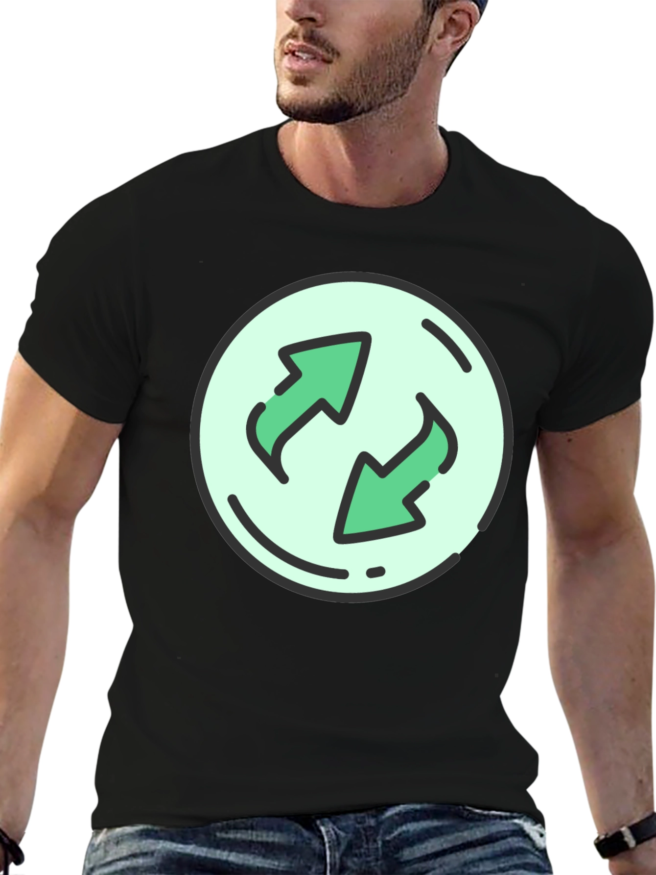 Black T-Shirt with Circular Recycle Arrow Graphic