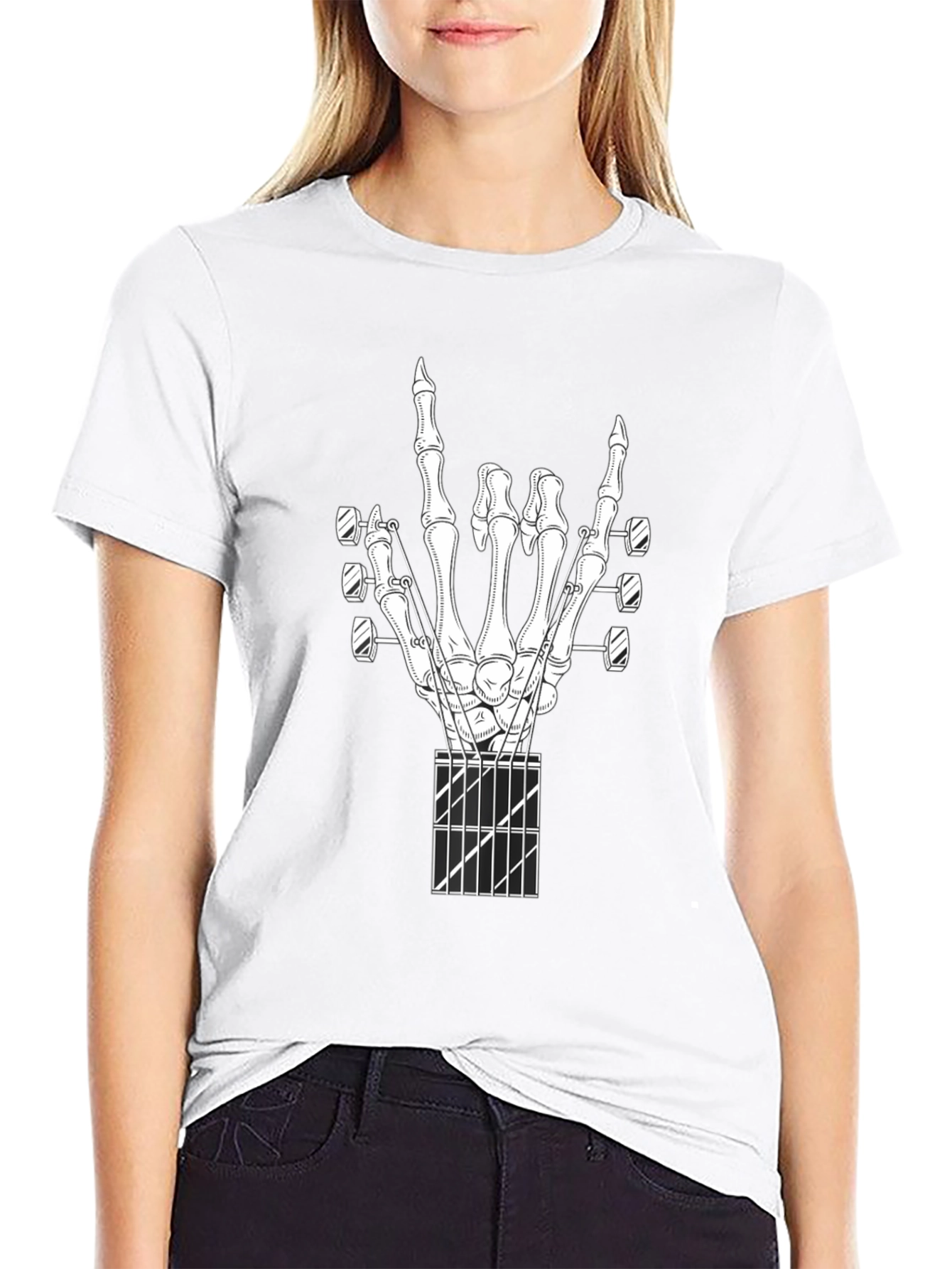Rock On Guitar Skeleton Hand Black T-Shirt