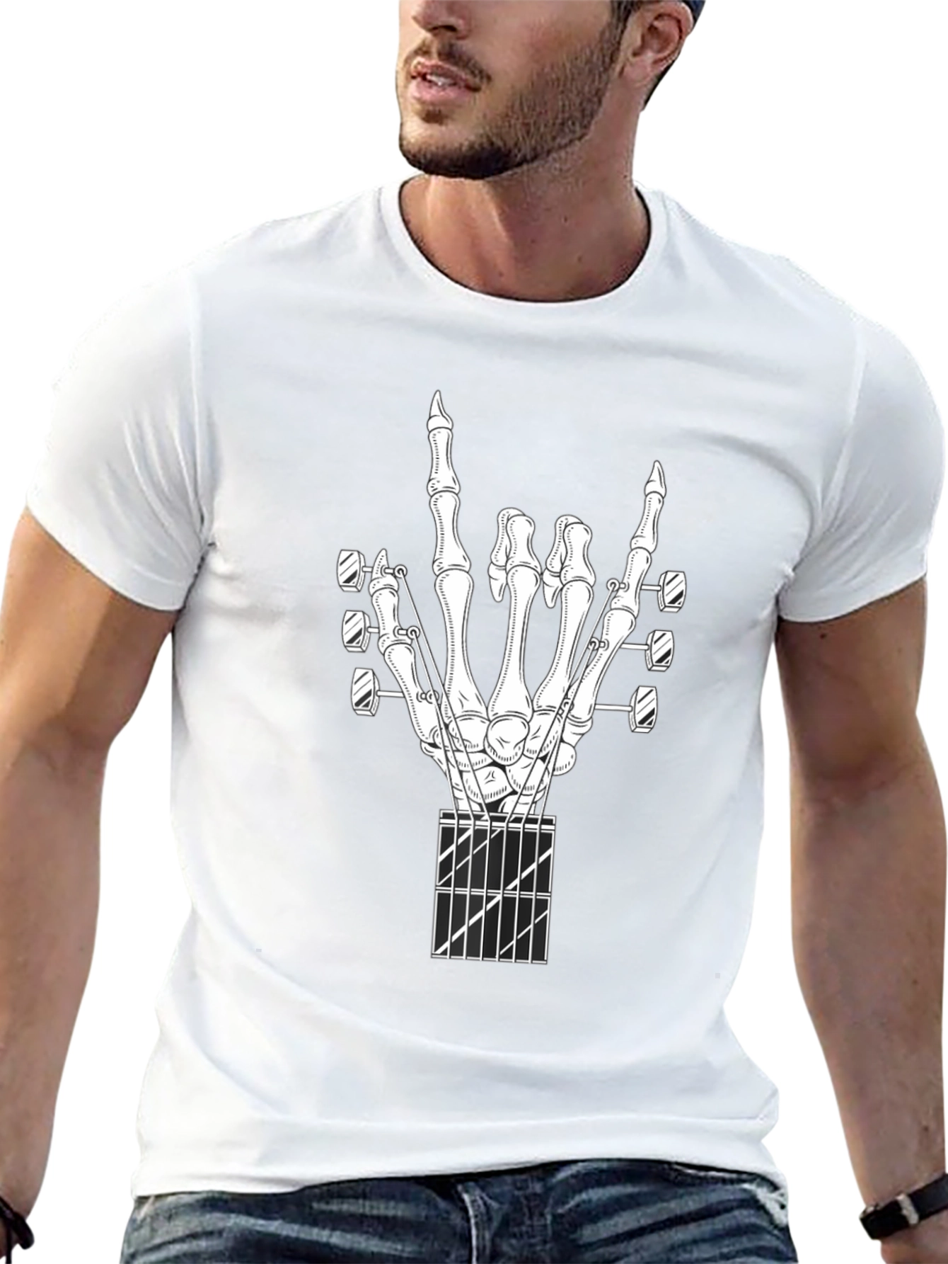 Rock On Guitar Skeleton Hand Black T-Shirt