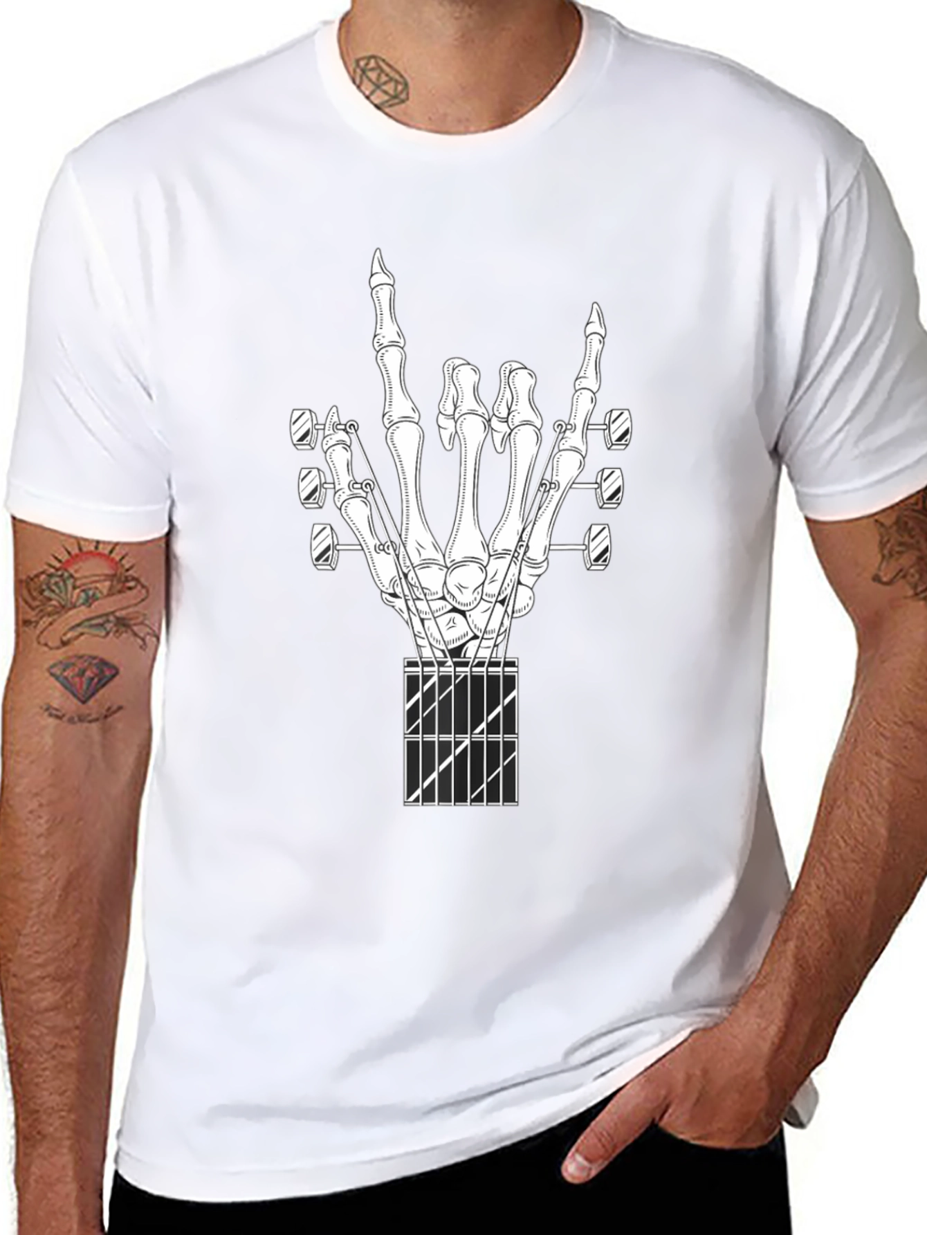 Rock On Guitar Skeleton Hand Black T-Shirt