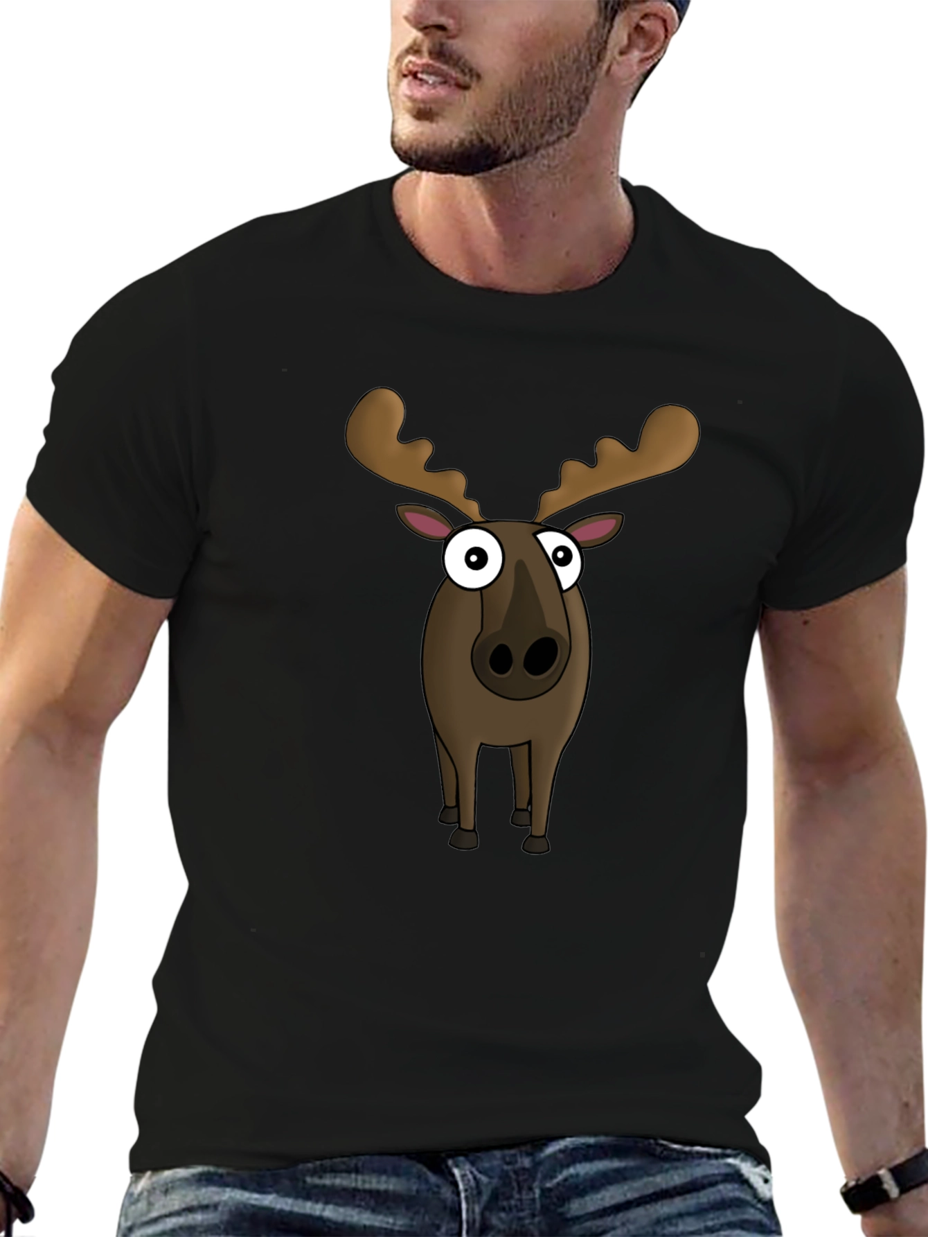 Moose Cartoon Graphic Tee - Black Cotton Blend