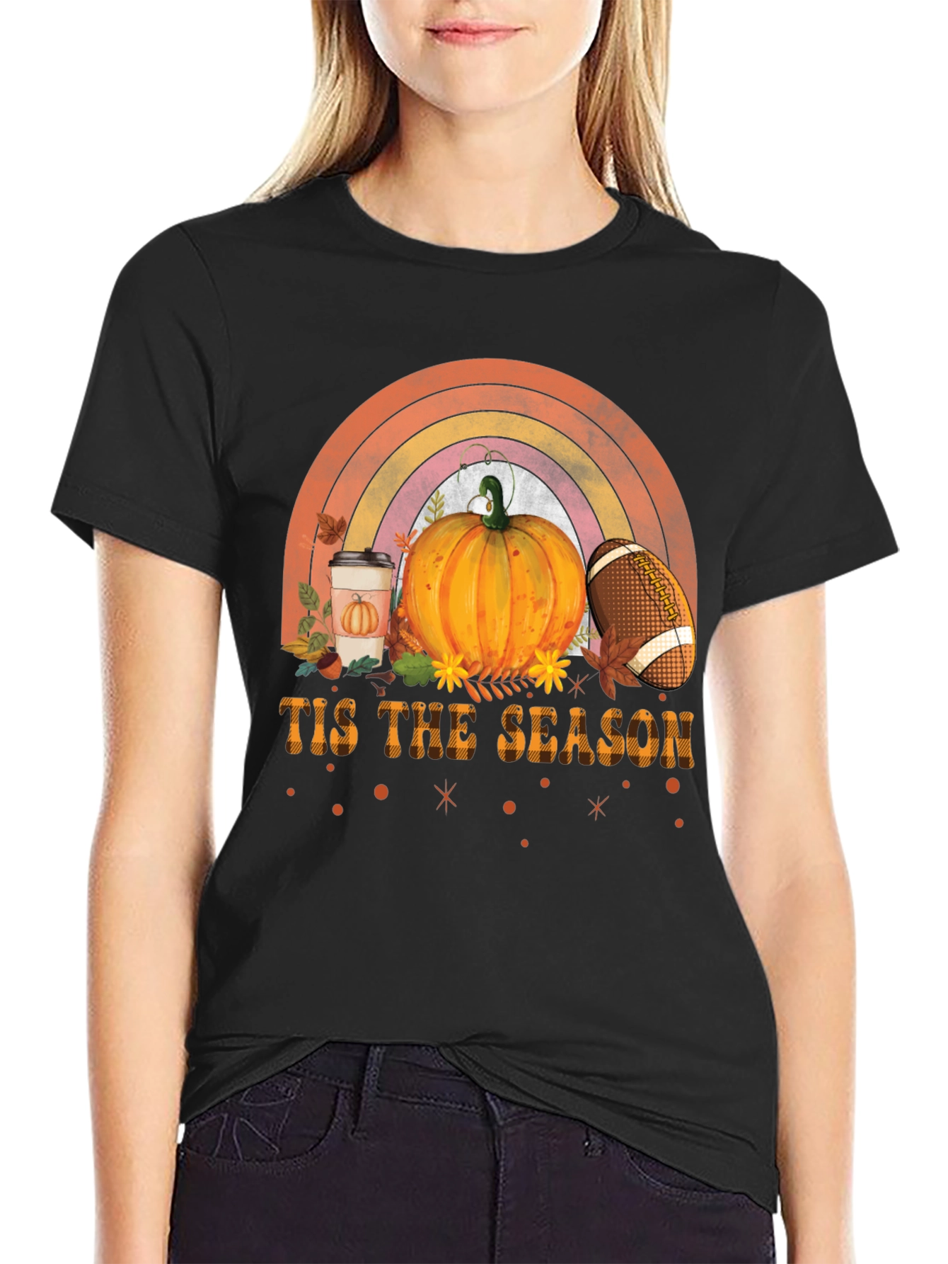 Fall Season T-Shirt with Pumpkin and Football Design