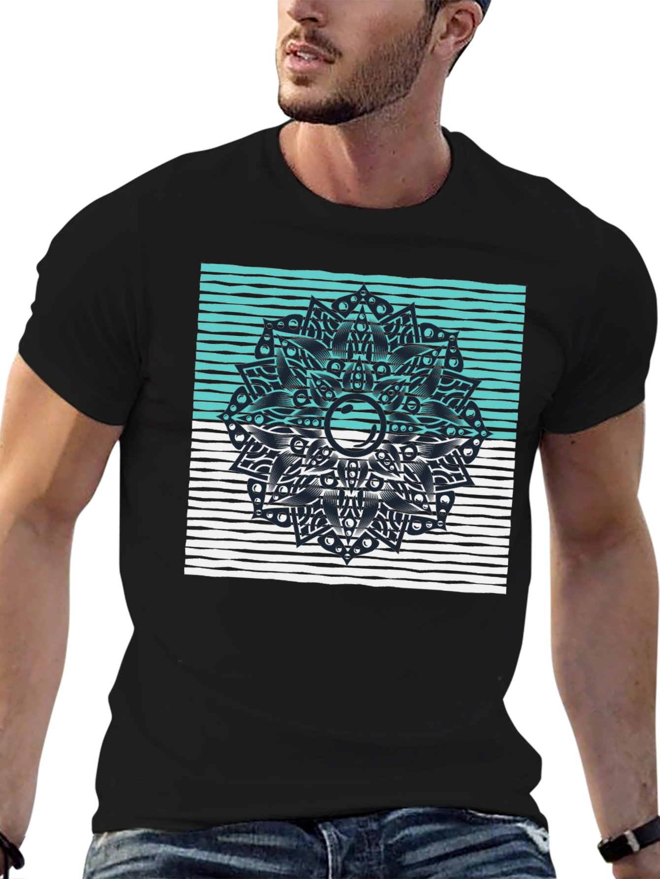 Black Graphic Tee with Geometric Mandala Design