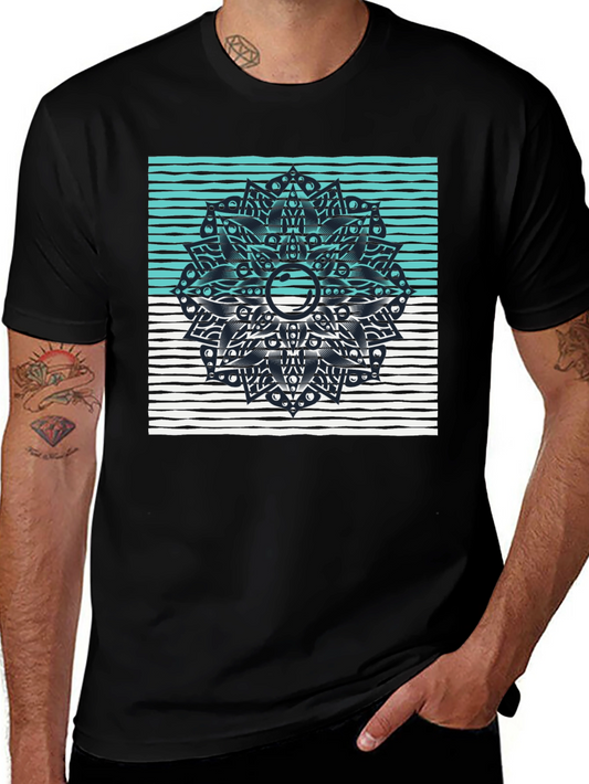 Black Graphic Tee with Geometric Mandala Design