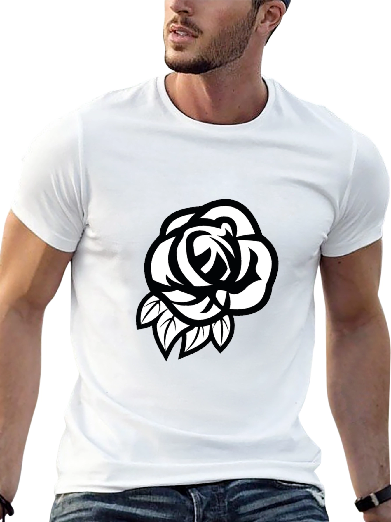 Mens Black T-Shirt with White Rose Design
