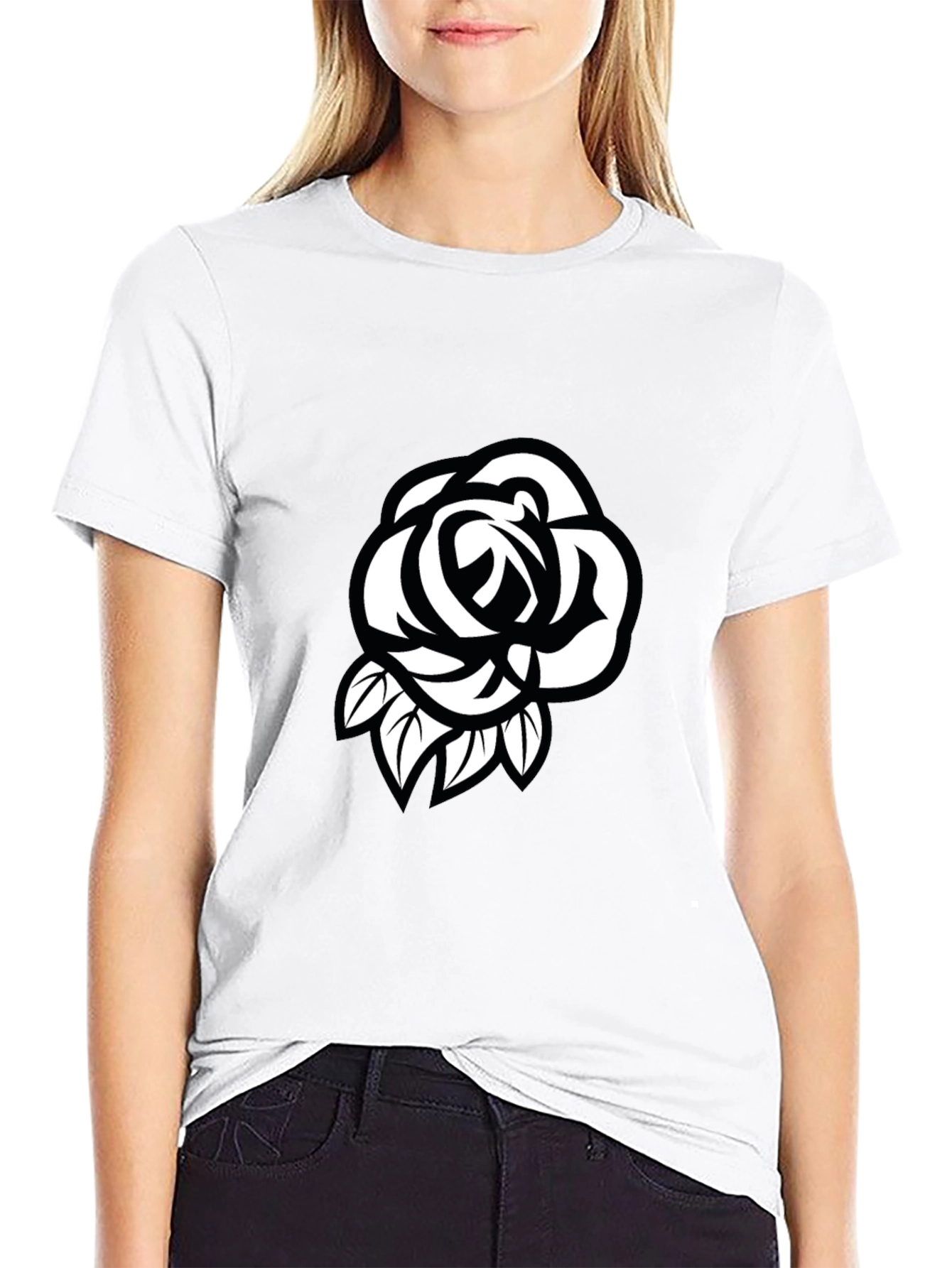 Mens Black T-Shirt with White Rose Design