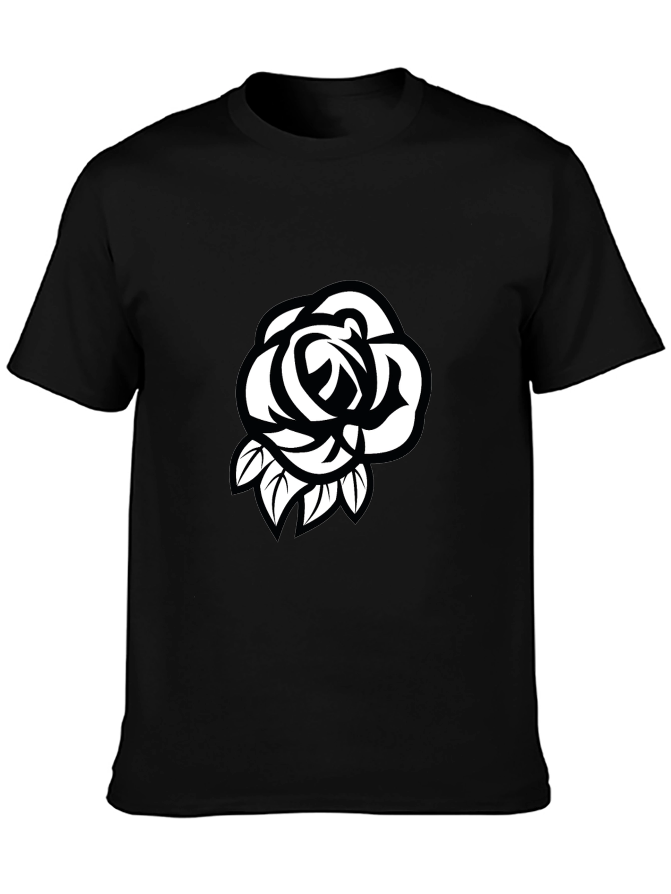 Mens Black T-Shirt with White Rose Design