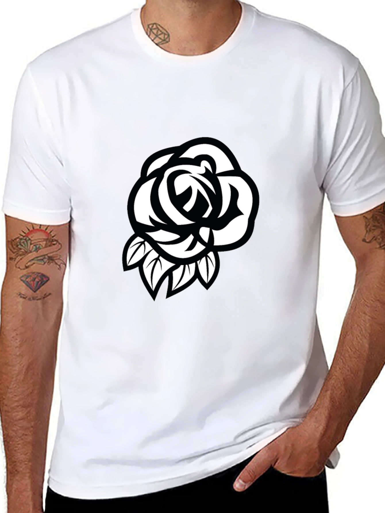 Mens Black T-Shirt with White Rose Design