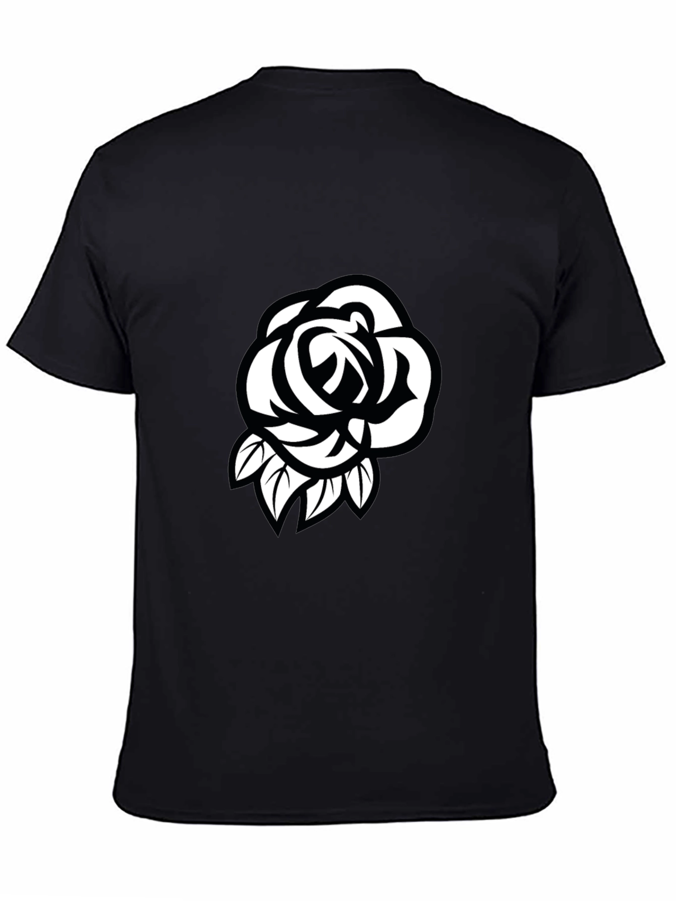 Mens Black T-Shirt with White Rose Design