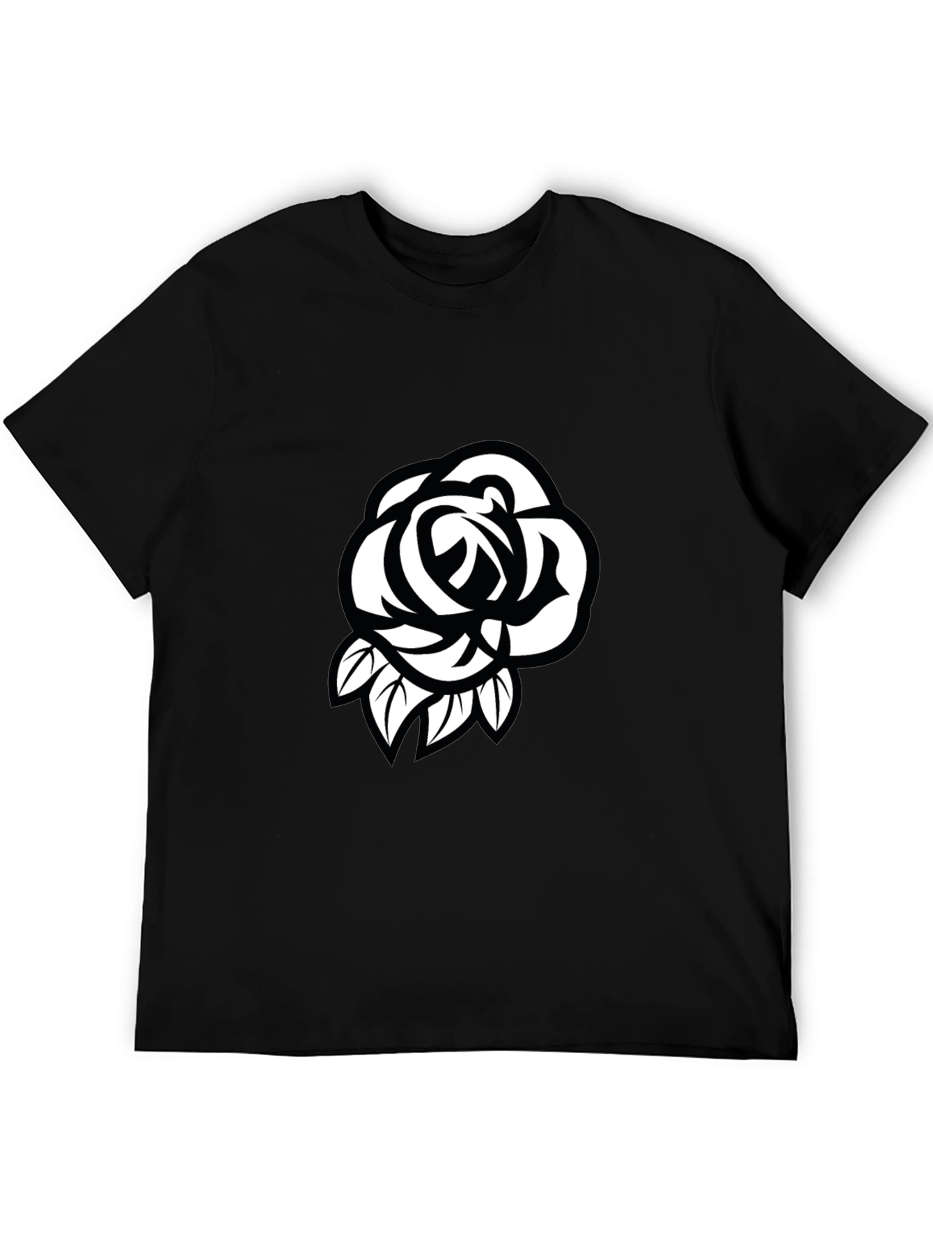 Mens Black T-Shirt with White Rose Design
