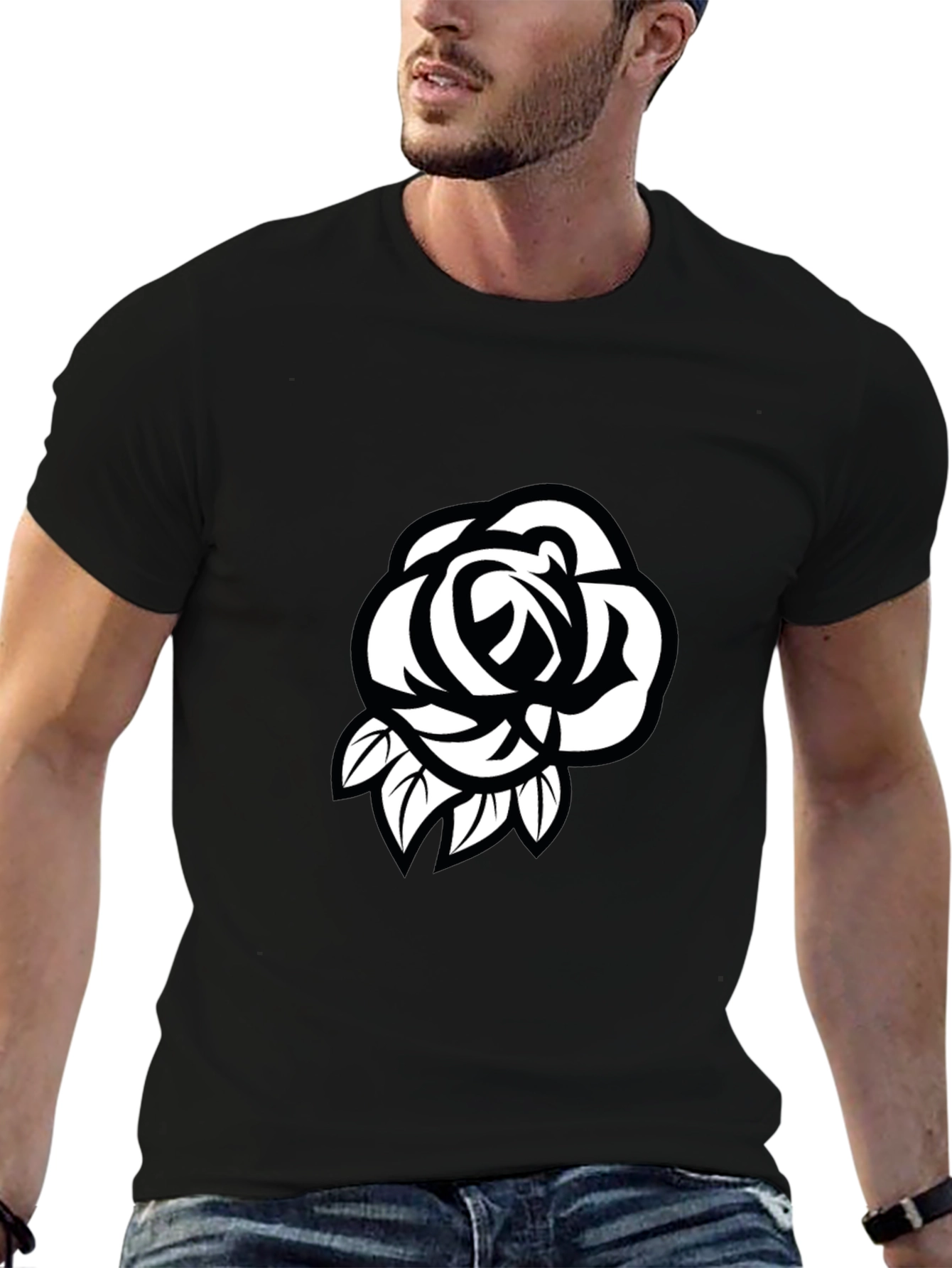Mens Black T-Shirt with White Rose Design