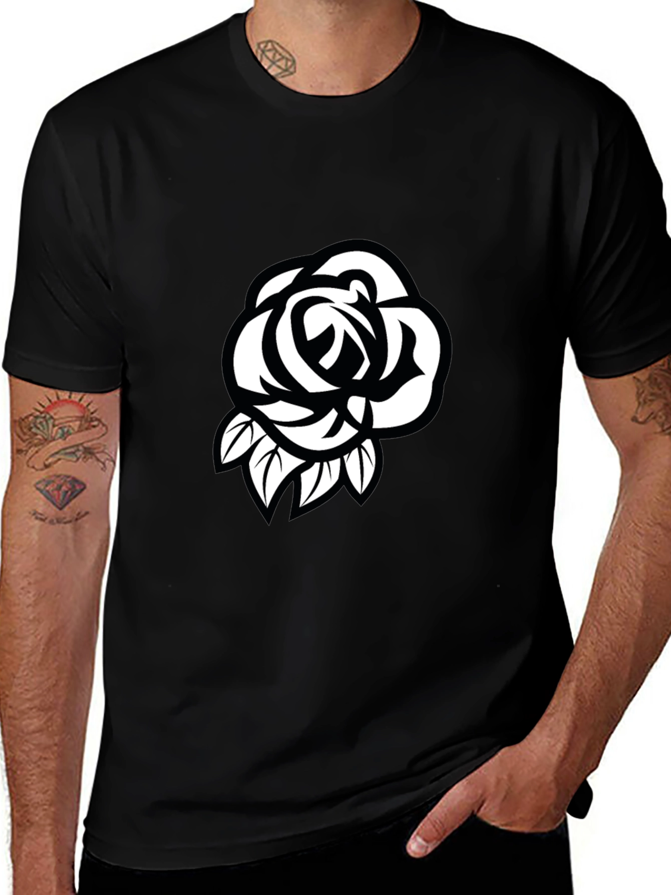 Mens Black T-Shirt with White Rose Design