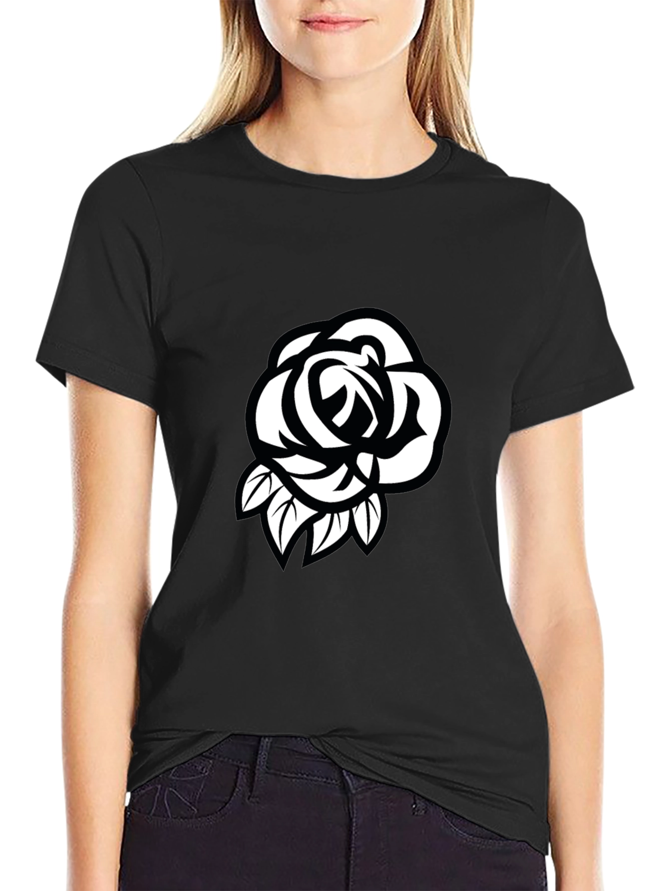 Mens Black T-Shirt with White Rose Design