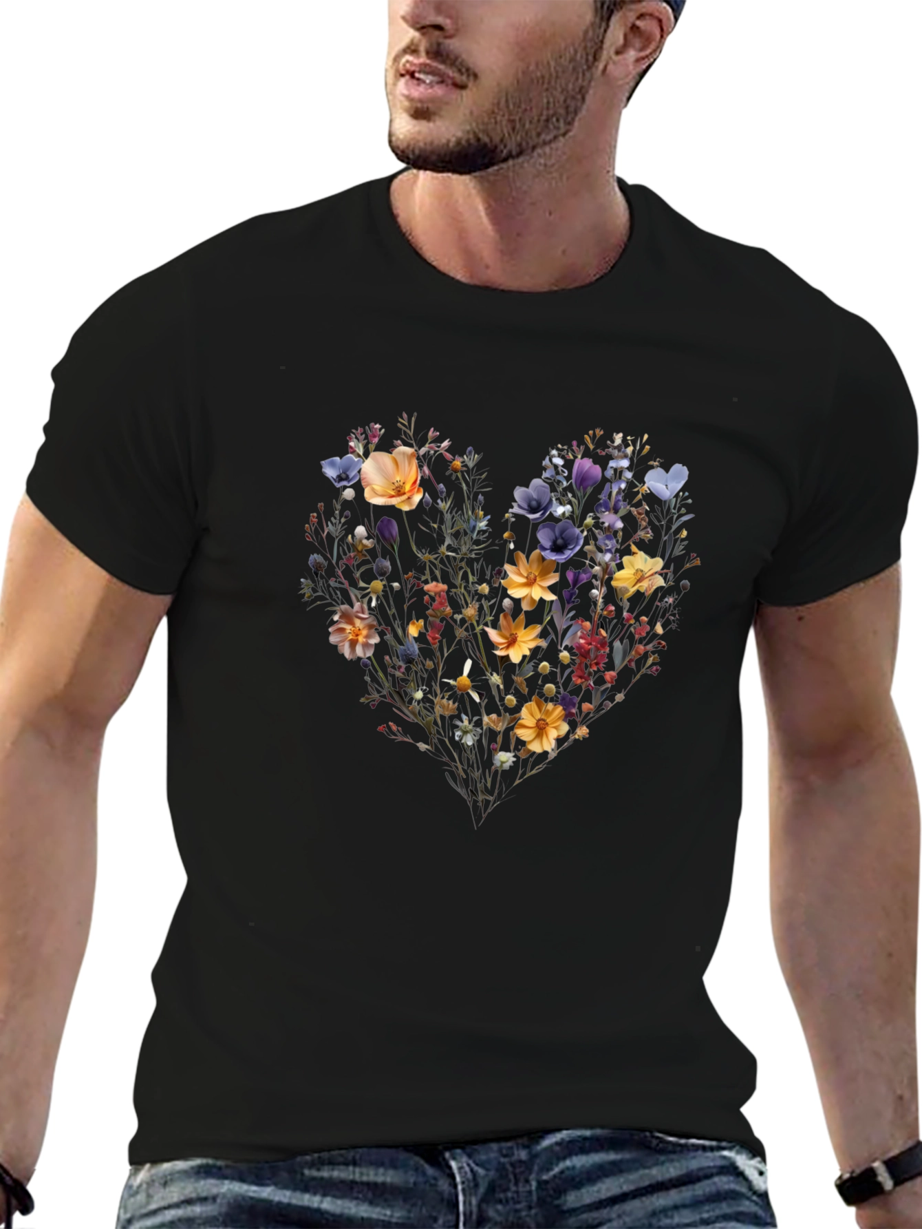 Floral Heart Black Tee
