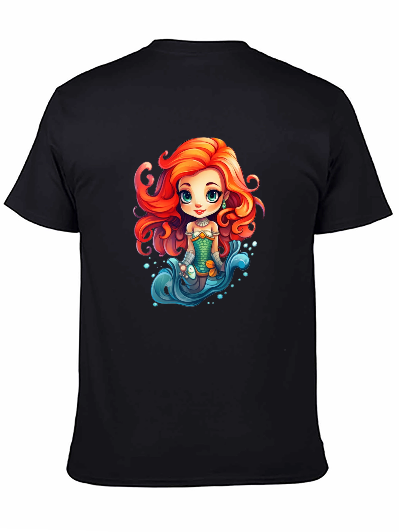 Cartoon Mermaid Graphic Tee - Black Unisex T-Shirt