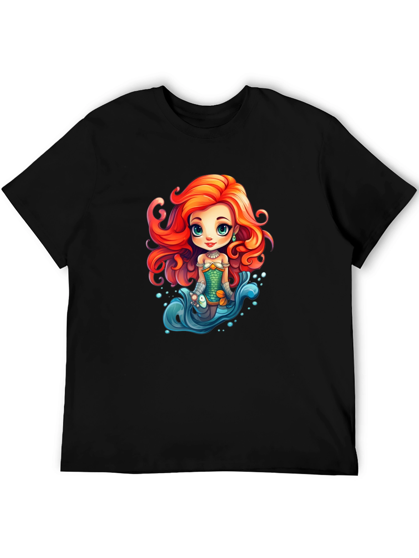 Cartoon Mermaid Graphic Tee - Black Unisex T-Shirt
