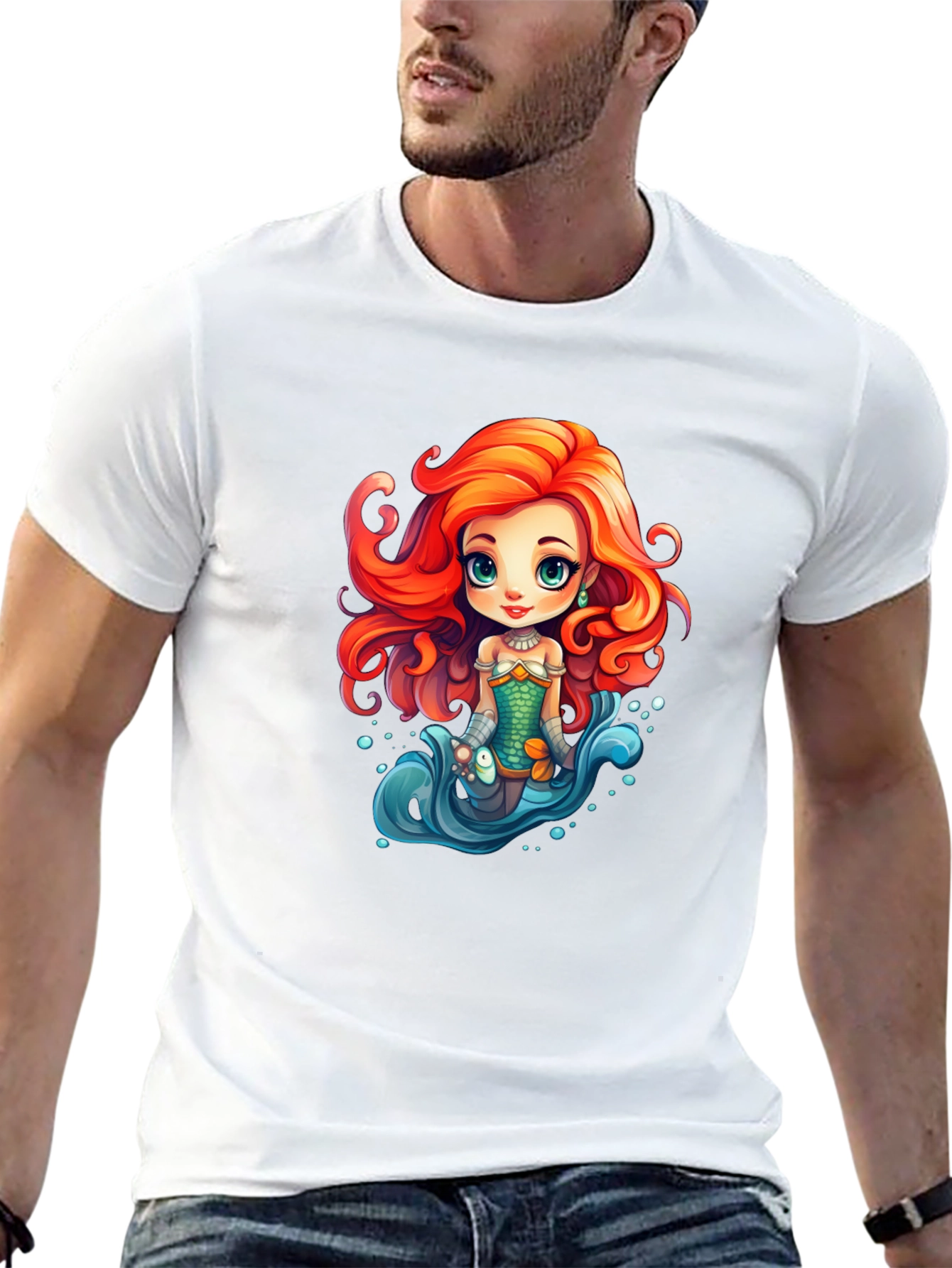 Cartoon Mermaid Graphic Tee - Black Unisex T-Shirt