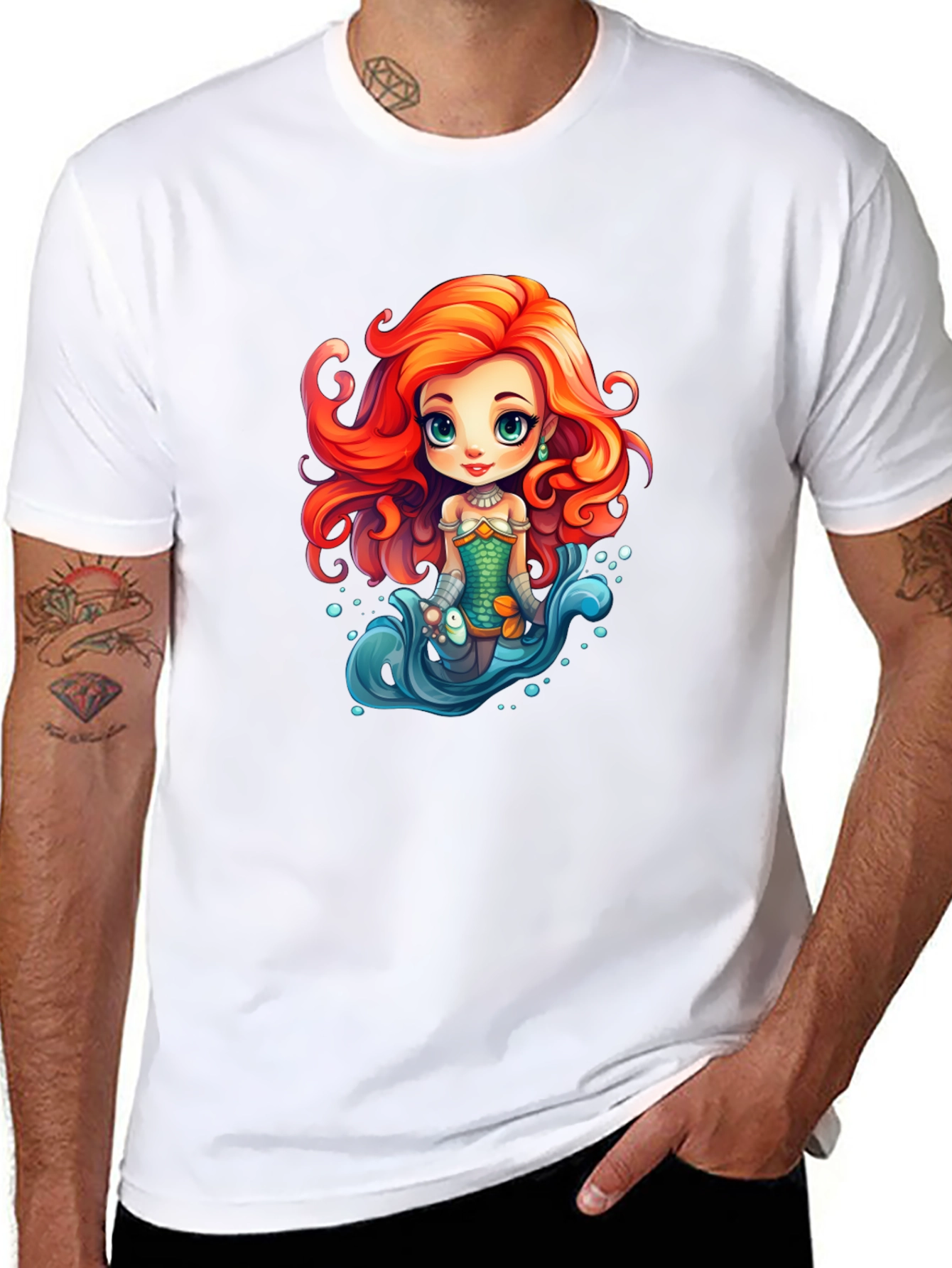 Cartoon Mermaid Graphic Tee - Black Unisex T-Shirt