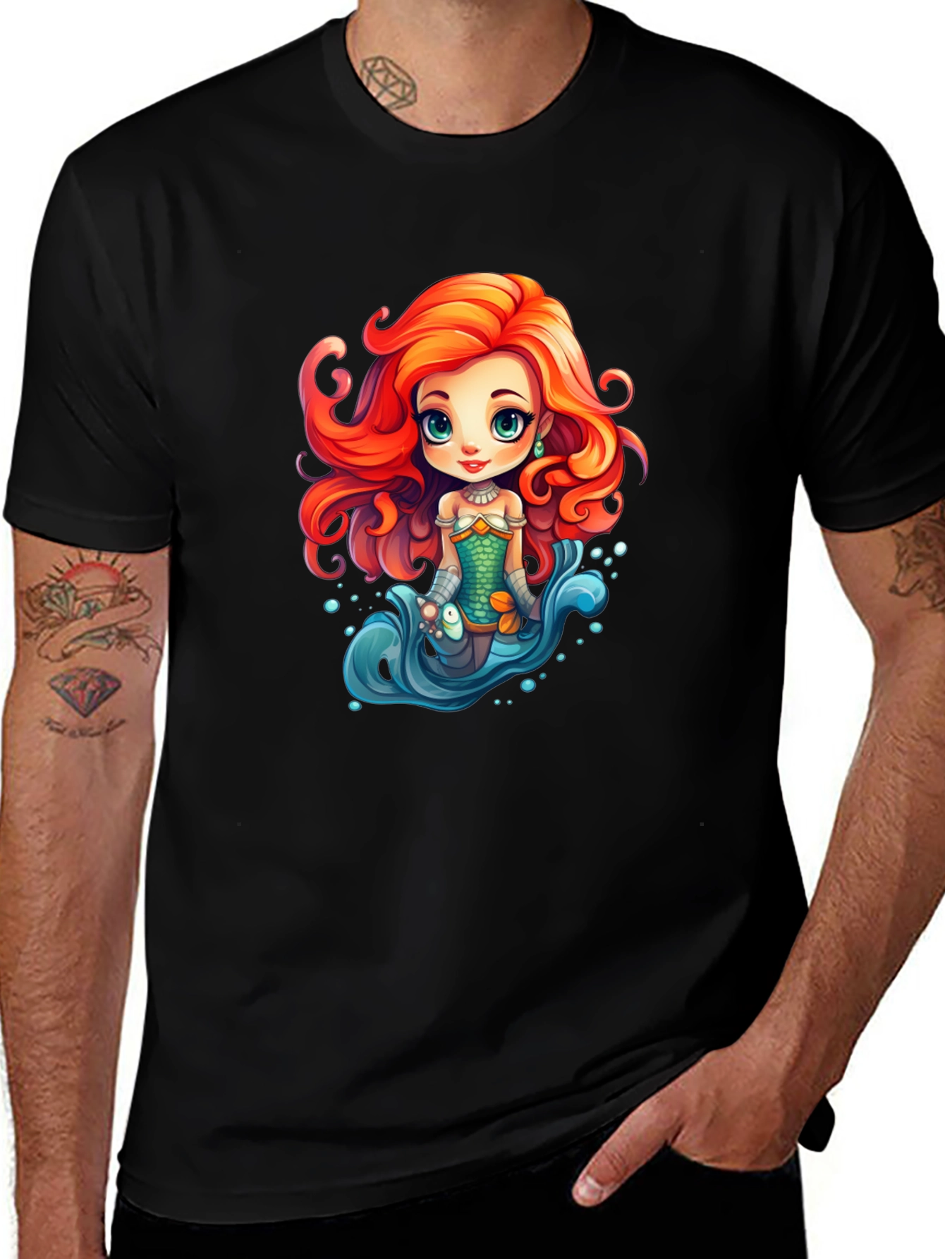 Cartoon Mermaid Graphic Tee - Black Unisex T-Shirt