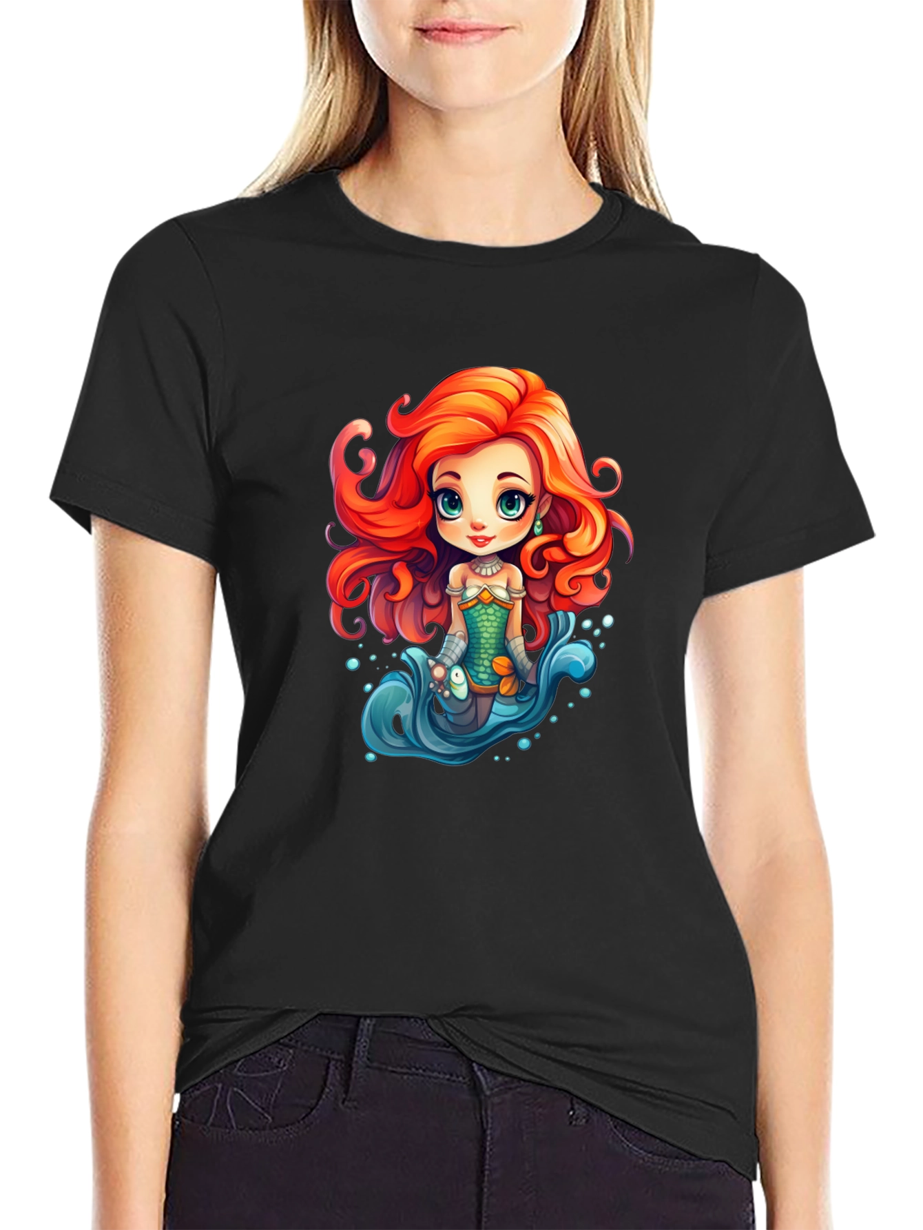 Cartoon Mermaid Graphic Tee - Black Unisex T-Shirt