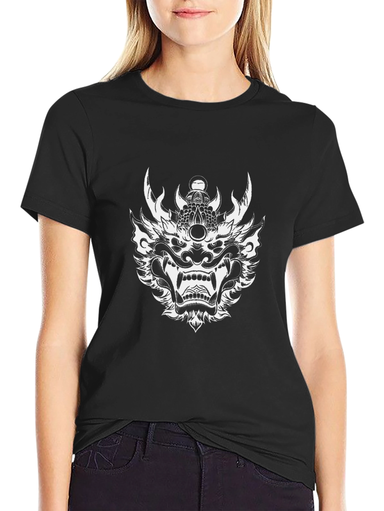 Black T-Shirt with Oni Mask Graphic