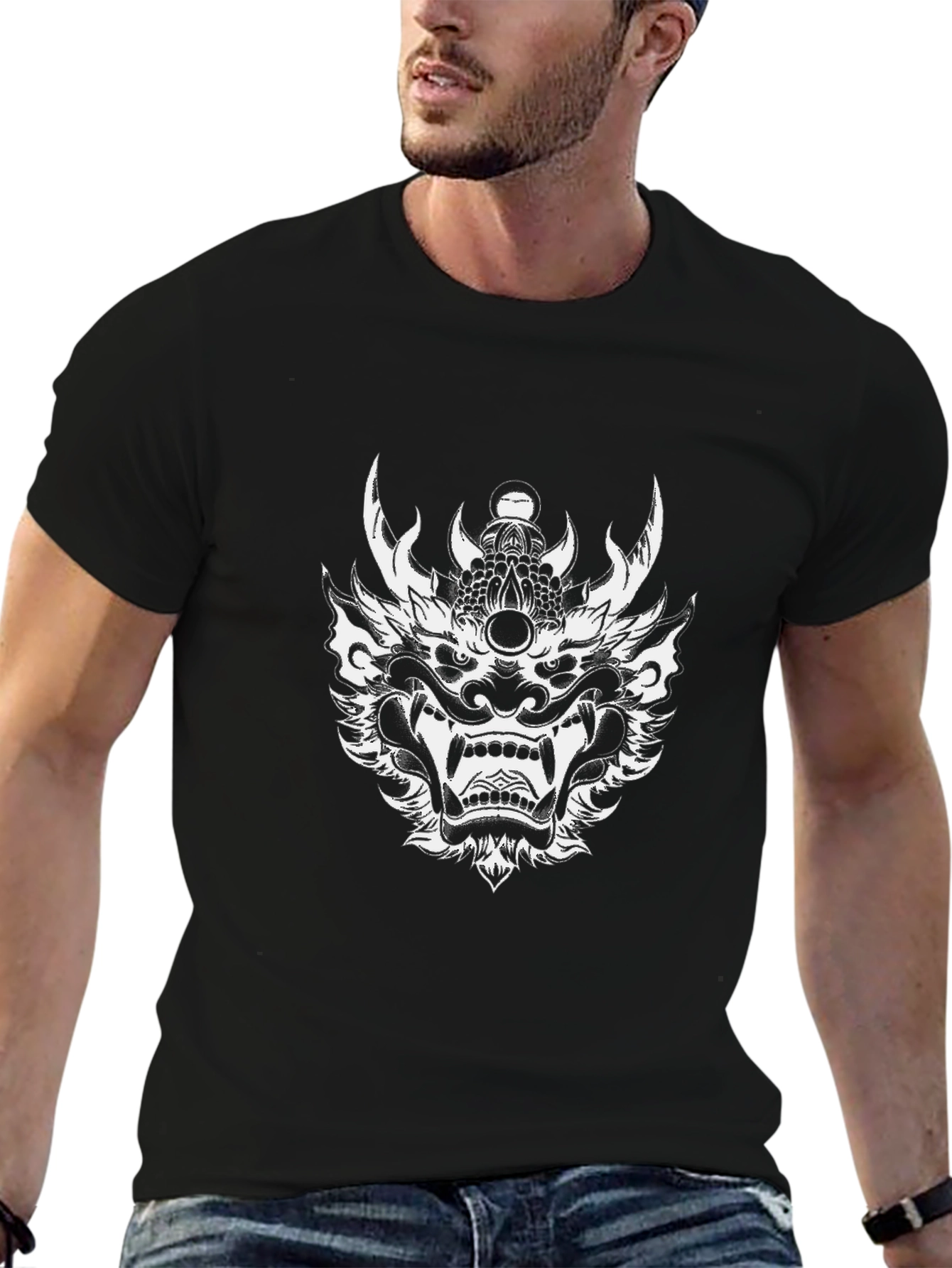 Black T-Shirt with Oni Mask Graphic