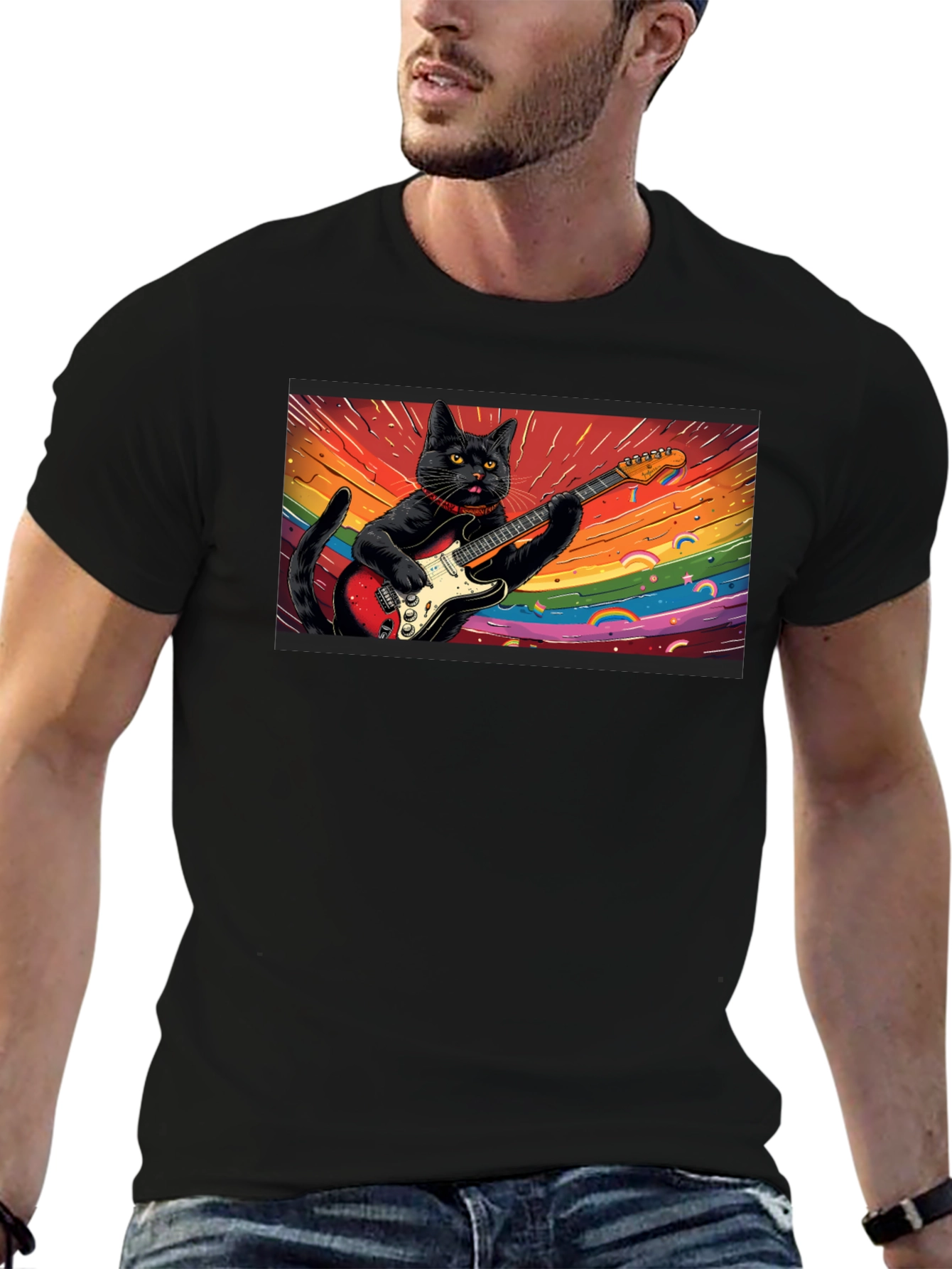 Cool Cat Guitarist T-Shirt - Black