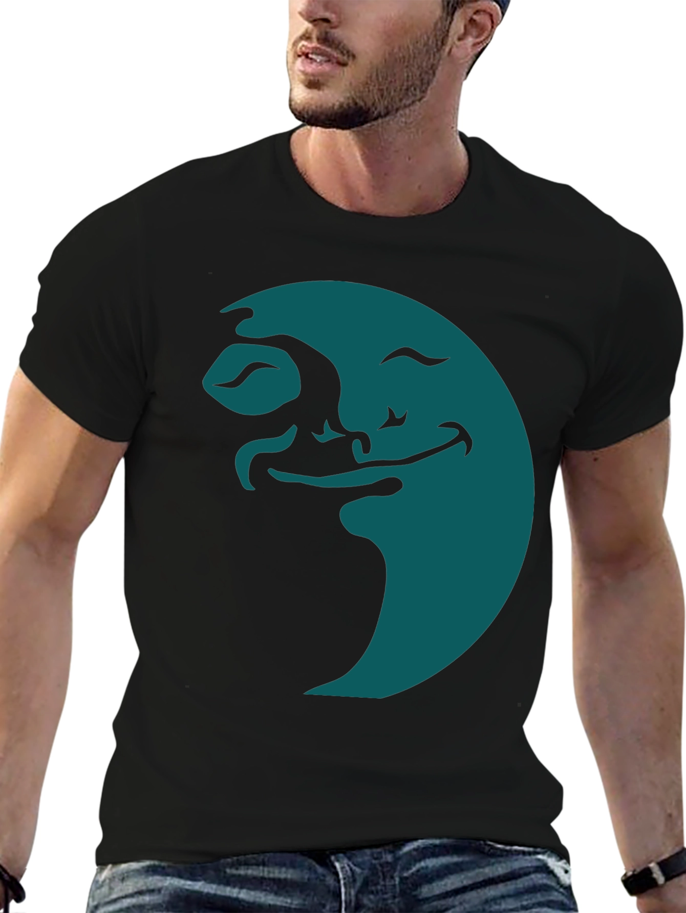 Smiling Moon Graphic Tee - Soft Black Cotton