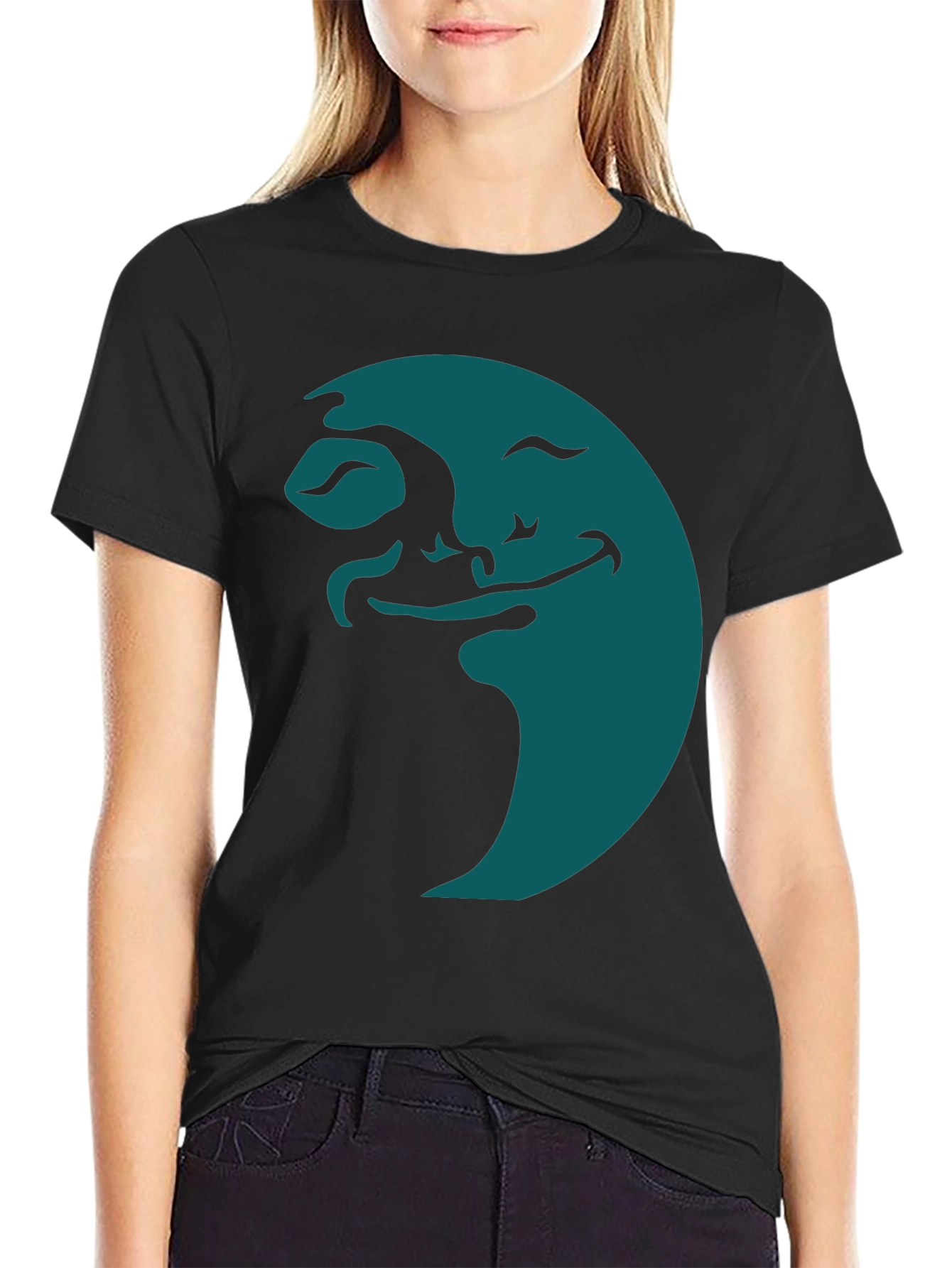 Smiling Moon Graphic Tee - Soft Black Cotton