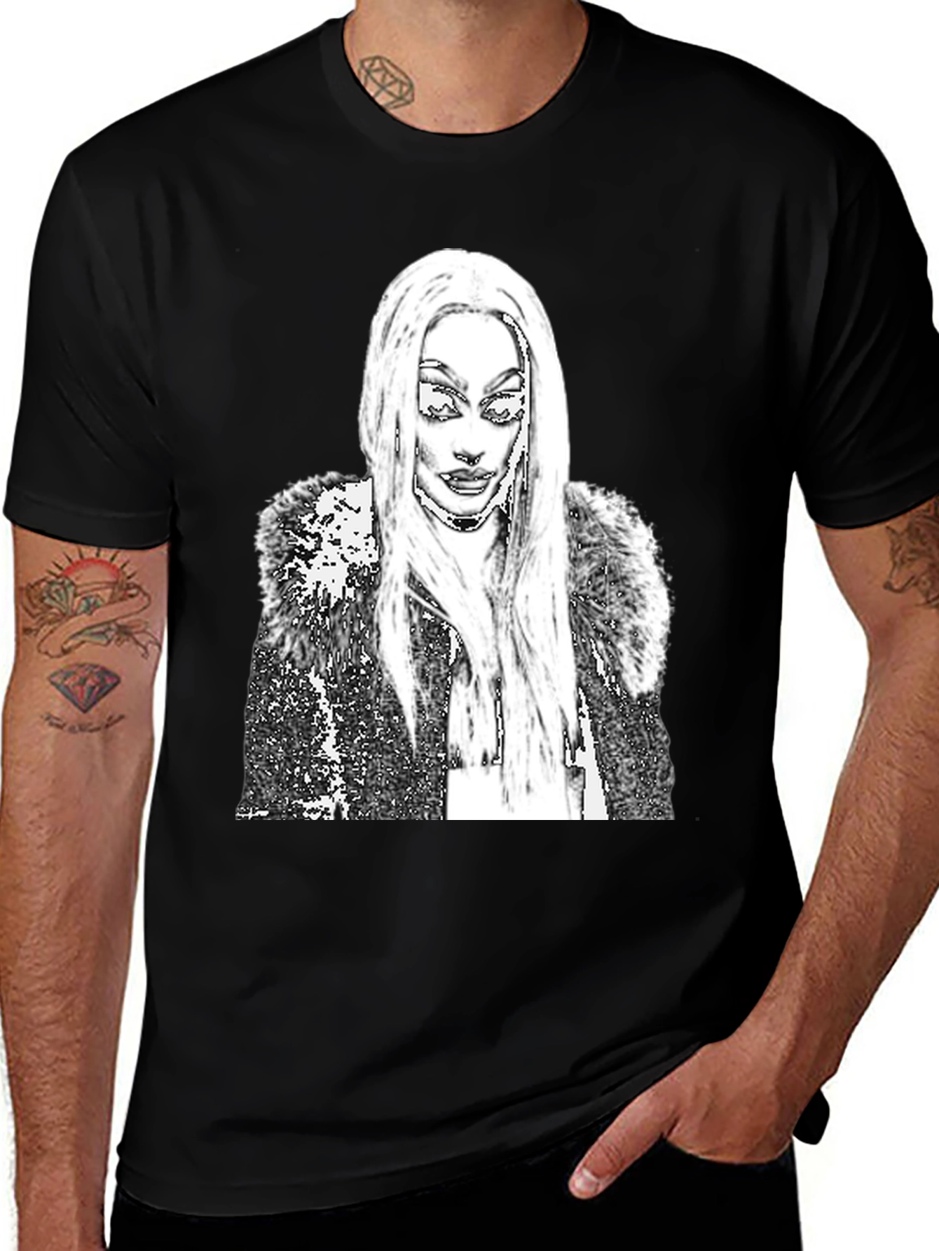 Fashionable Black T-Shirt with Unique Portrait Design